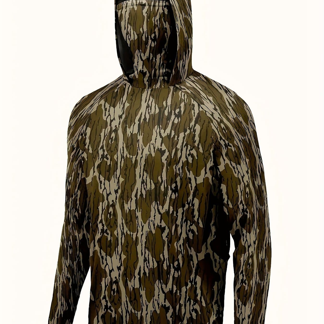 TEMU Men's Camo Fishing Hoodie - Long-sleeve Outdoor Hunting And Beach Wear, Featuring A Hood, Moisture-wicking And Quick-dry Material, Camouflage Design, Ideal For Fishing