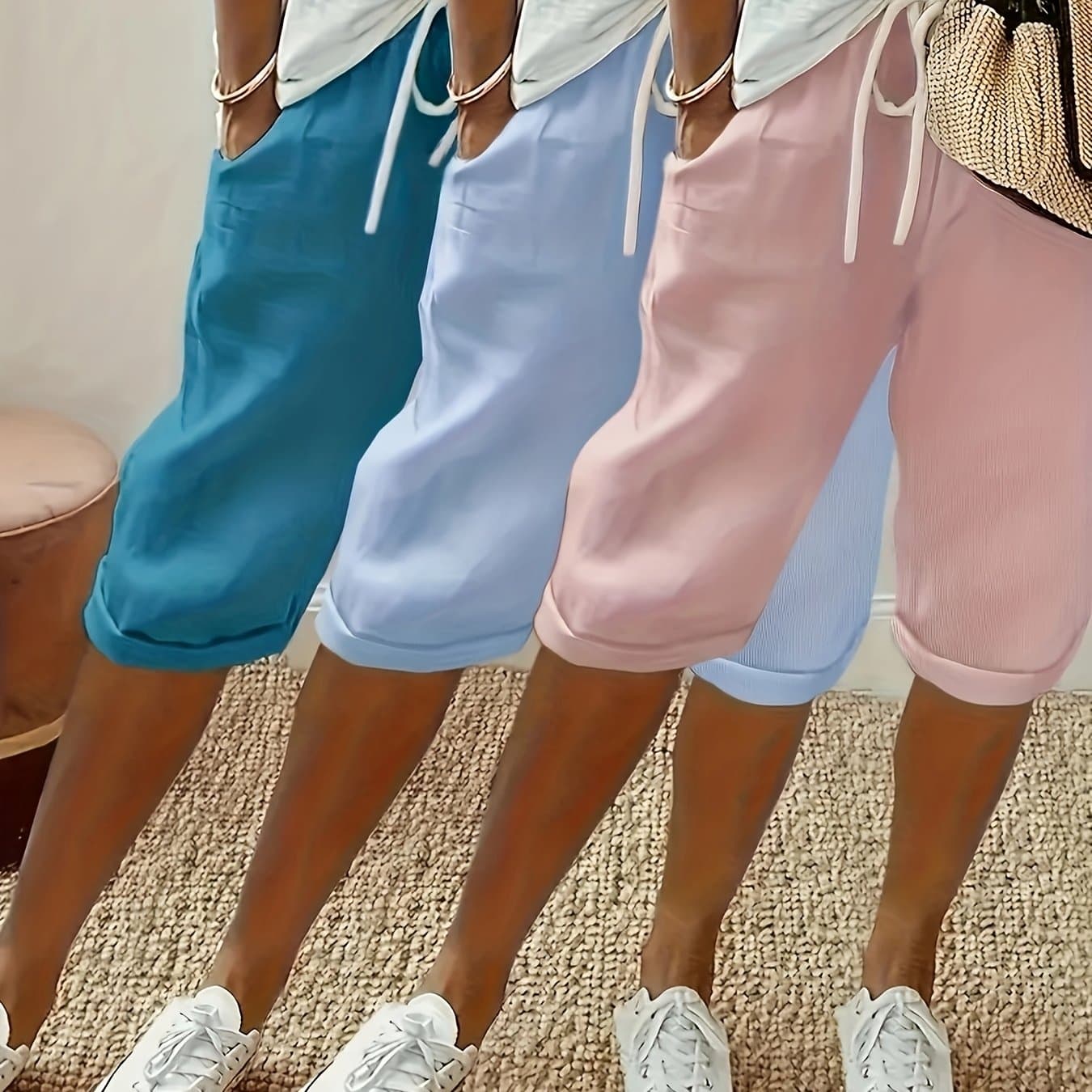 TEMU 3-color Assorted Waist-cinching Side-pocket Drawstring Real Women's Capri Pants