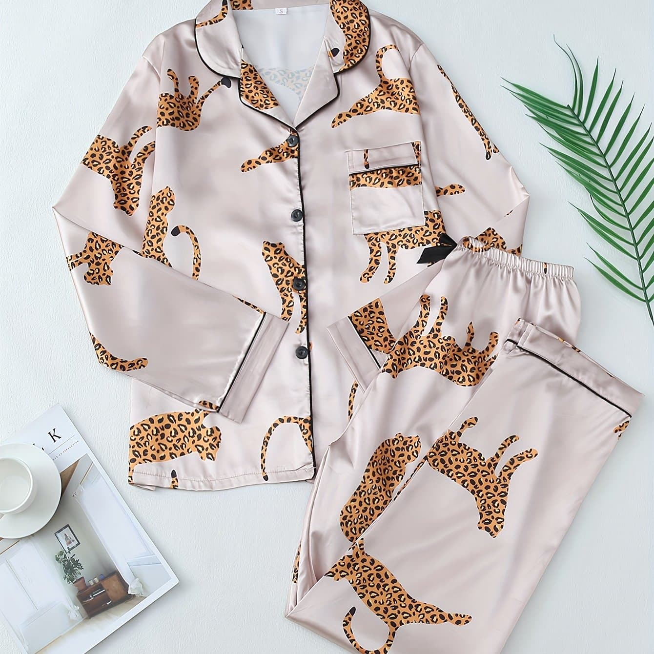 TEMU Leopard Print Women's Long-sleeved Set With Lapel Collar