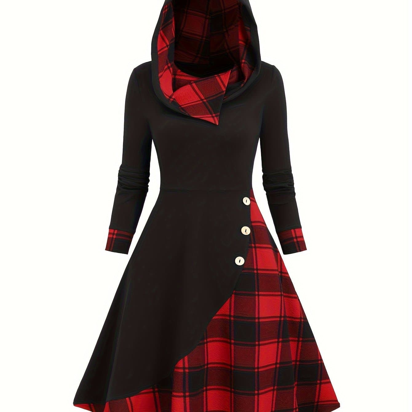 TEMU Plaid Hooded Long Sleeve Dress | , Color , Suitable For Fall/winter