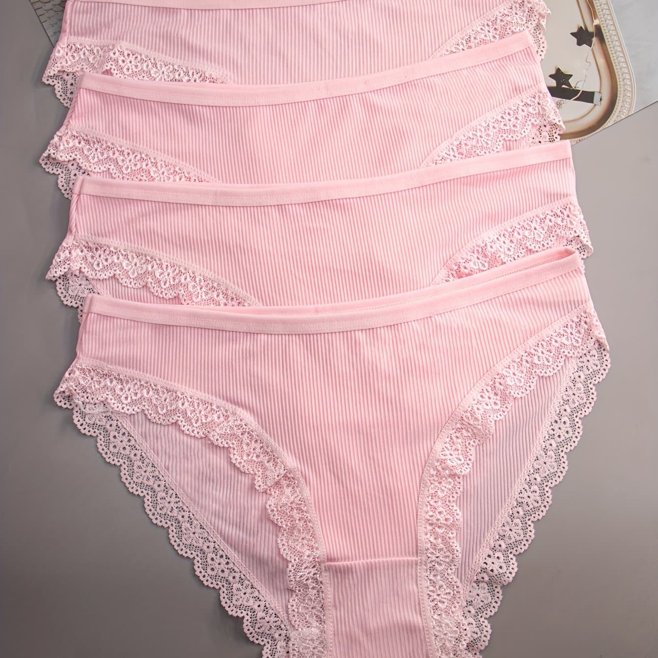 TEMU 4pcs Of Women's Pink Lace-trimmed Panties With Breathable Mesh Design, High Without , Refreshing , Accented With Striped Elements