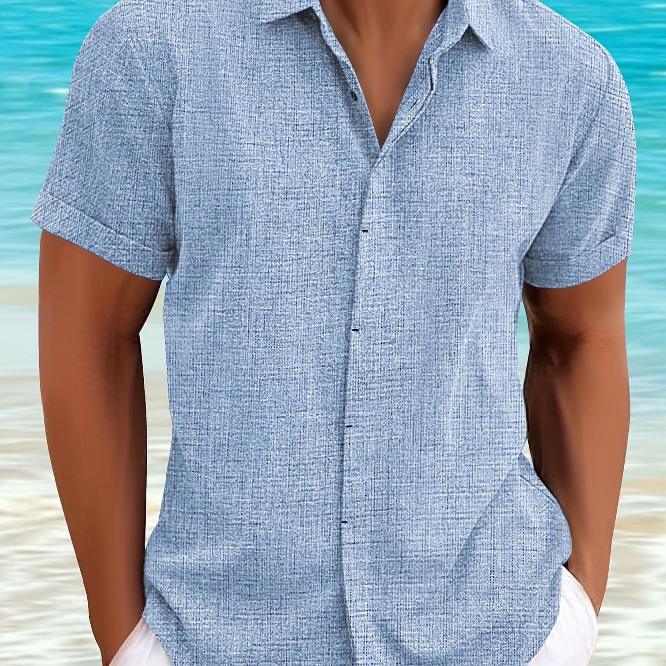 TEMU Men's Blue Shirt, Short Sleeved Casual Shirt, Men's Invisible Button-up Shirt, Beach Summer Wedding Shirt