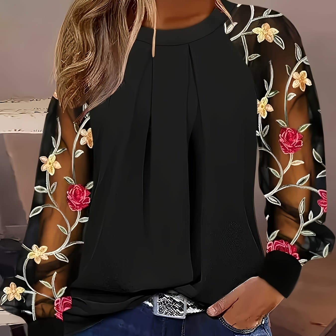 TEMU 1pc Floral Embroidery Sheer Mesh Cloth Appliqued Top