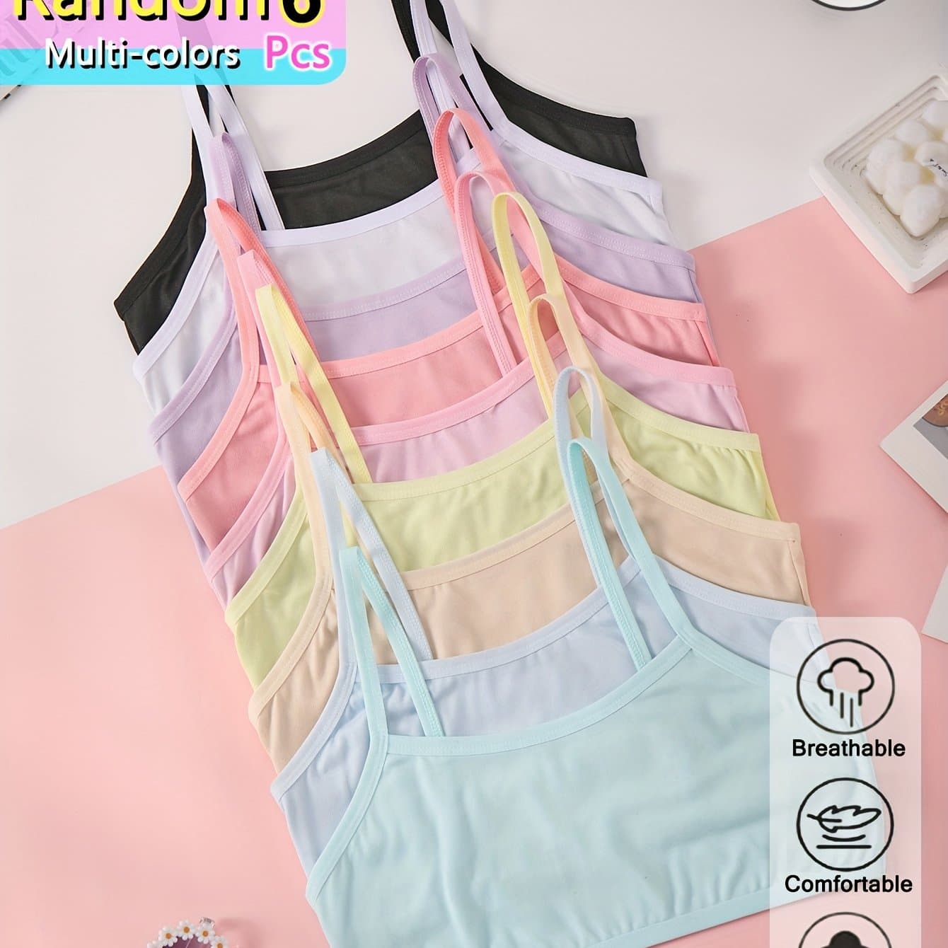 TEMU 6pcs Girls' Lightweight & Breathable Camisole Underwear, Random Colors Double Layer Halter Vests, 8-15 Years