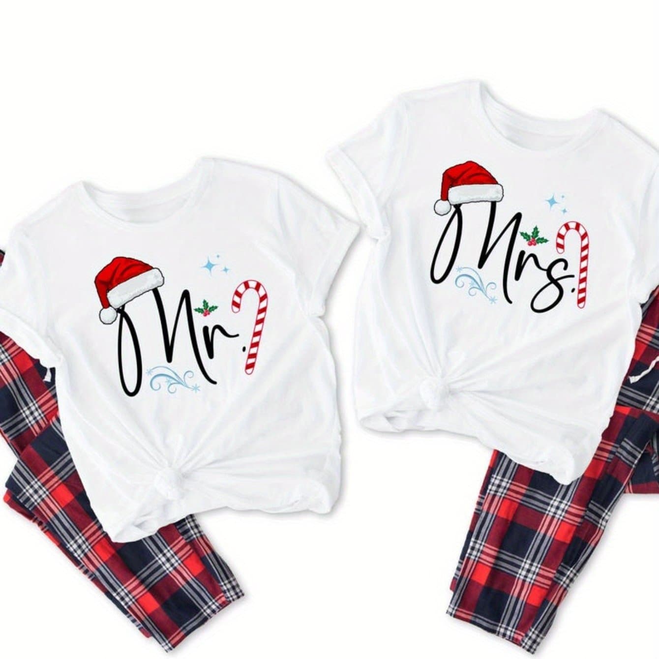 TEMU Christmas Matching Tees - Cozy Cotton Couple's Sweatshirts For Winter Weddings, Festive Outfits With Fun Letter Print, Machine Washable