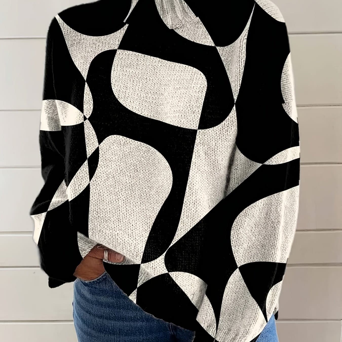 TEMU 2d Flat Pattern Autumn/ New Stylish Versatile Pullover High Neck Long Sleeve Women's Top, Flat Trendy Women's Sweater