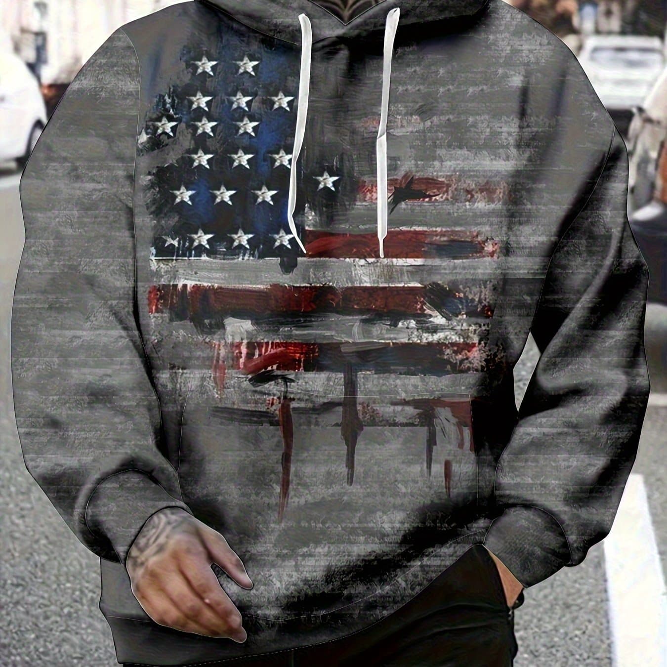 TEMU Men's 3d Random Printed American Flag Hoodie - Vintage Old Style, Regular Casual Pullover With Kangaroo Pocket, Machine Washable Long Sleeve Sweater