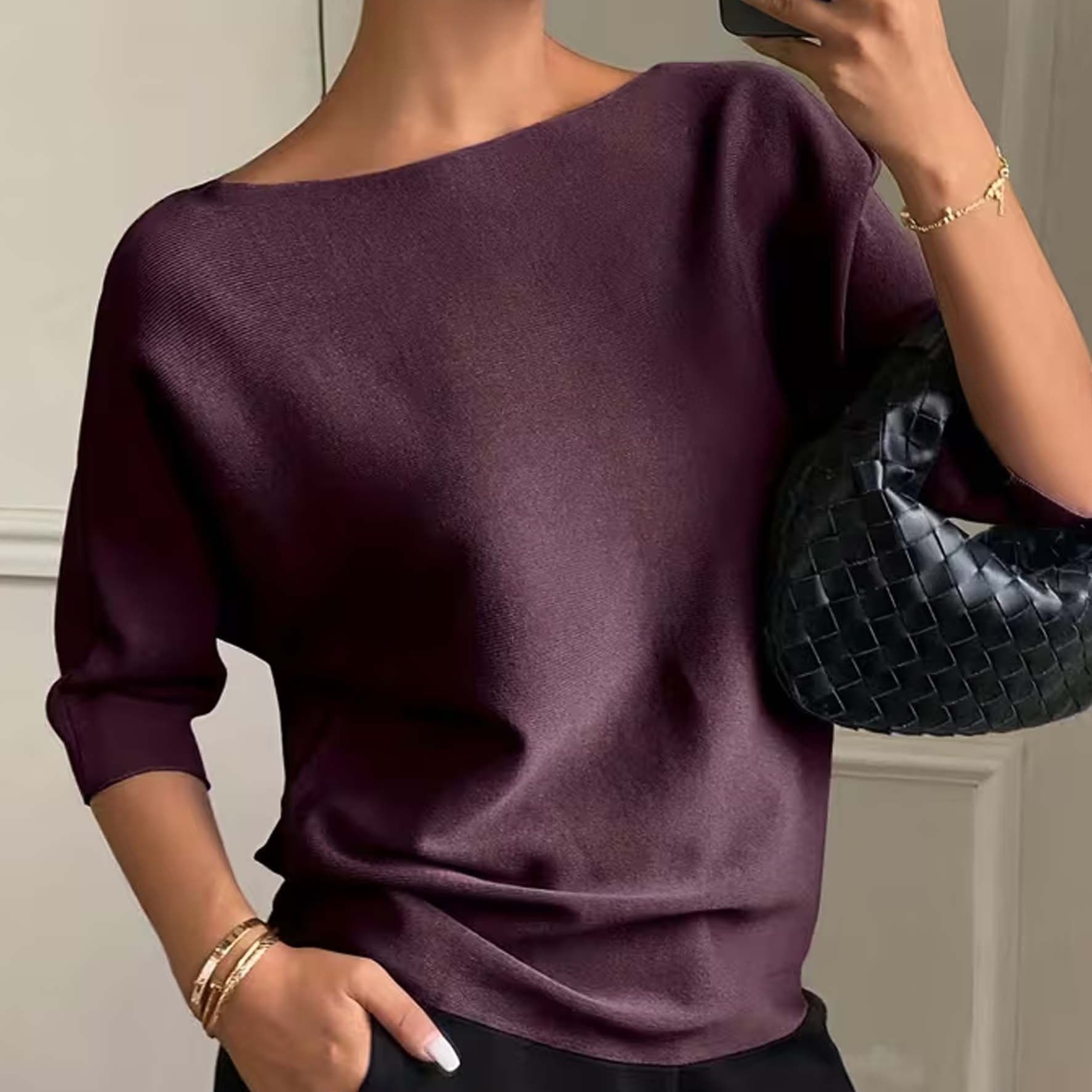 TEMU Elegant Round Neck Solid Color Loose-fitting Versatile, Soft Mid-sleeve Off-shoulder Pullover, Suitable For Daily Casual
