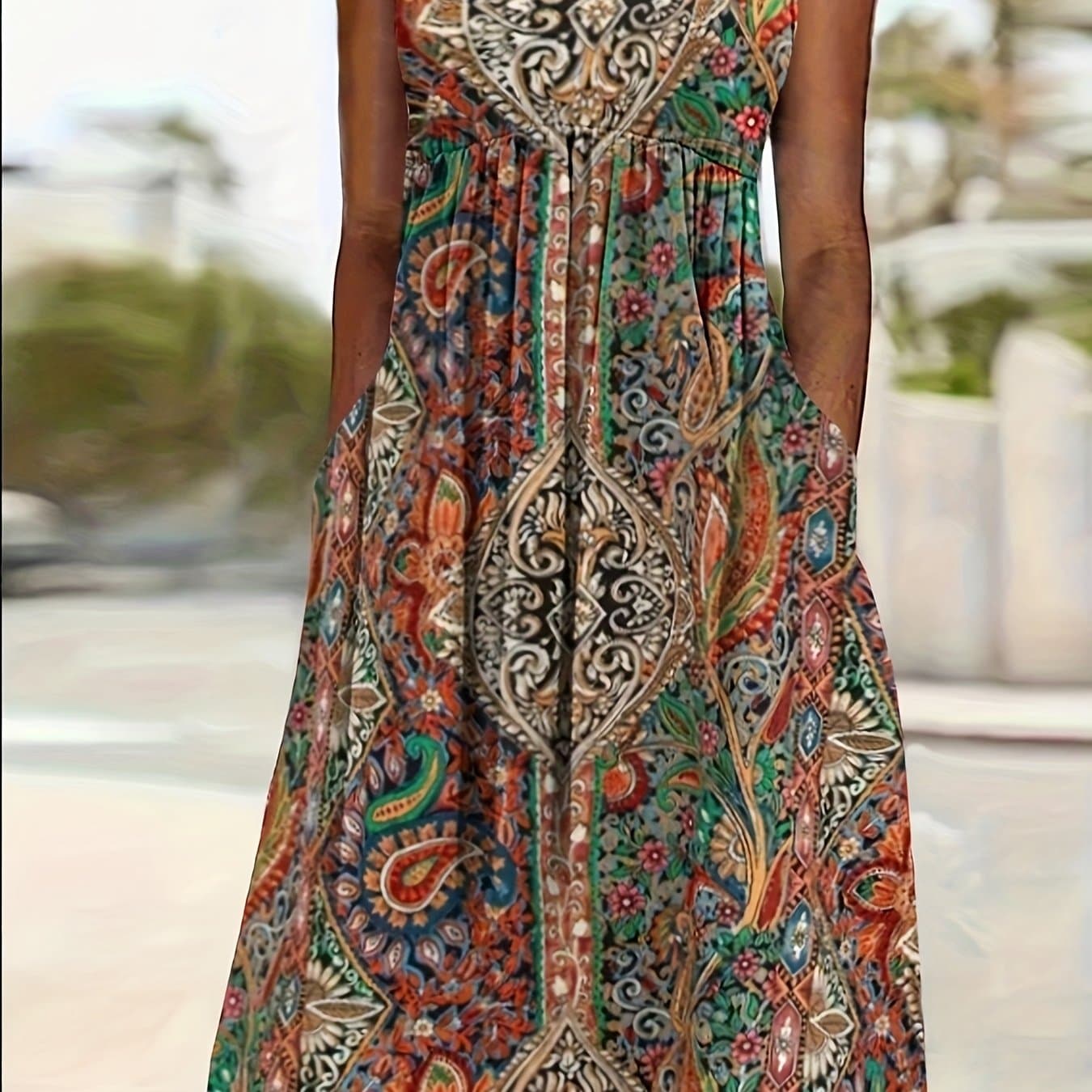 TEMU Plus Size - Plus Size - Plus Size Paisley Print Boat Neck Sleeveless Dress, Women's Bagged Dress