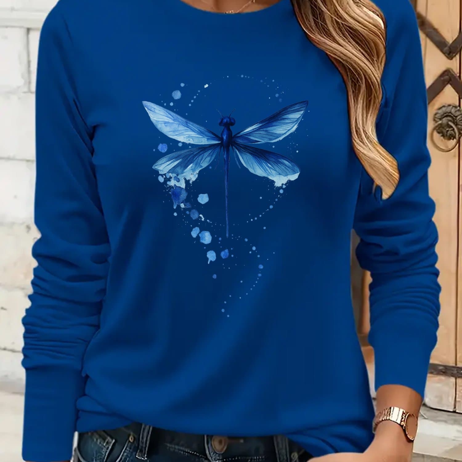 TEMU Vibrant Dragonfly Print Crew Neck Top, Soft, Breathable, Long Sleeve Top For - Ladies' Casual Attire, Perfect For Outdoor