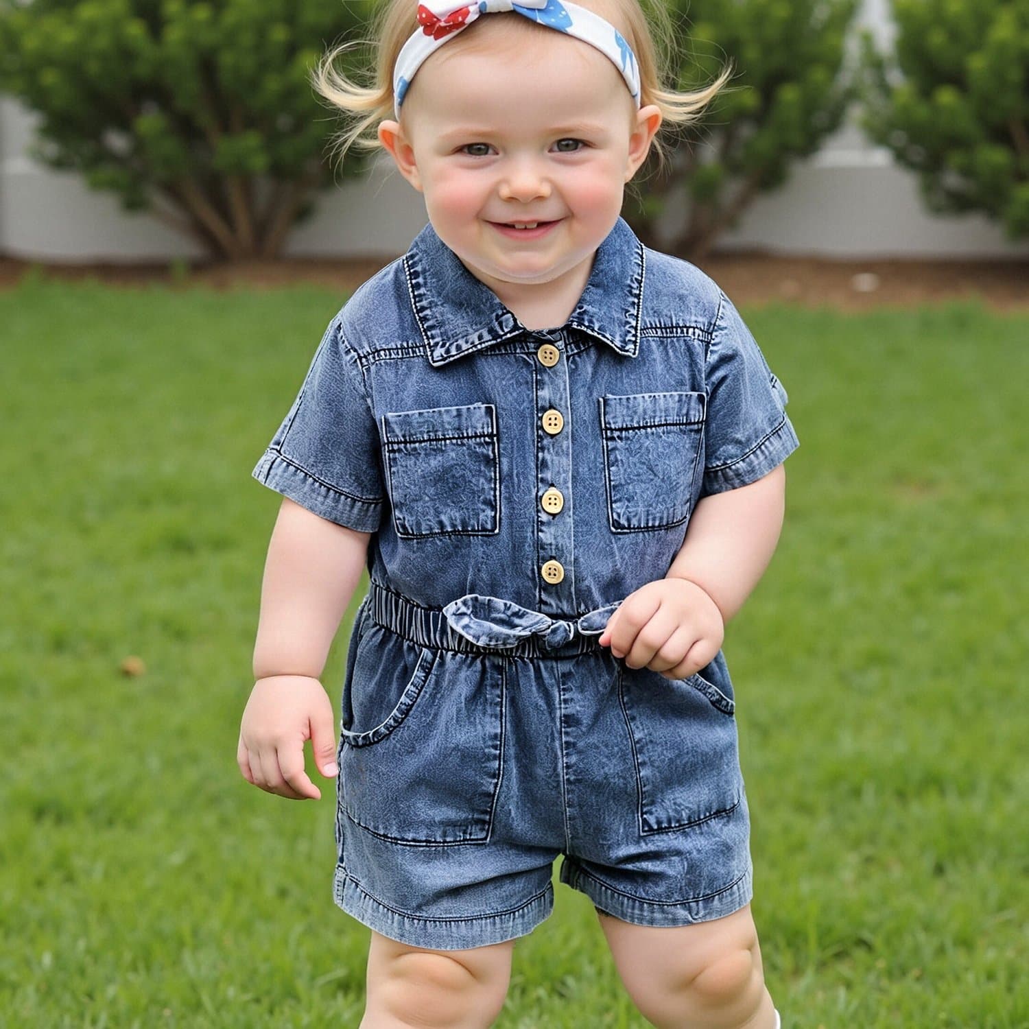 TEMU Denim Overalls For Baby Girls Featuring Short Sleeves, A Turn- Collar, Button Closure, And An Elastic Waistband
