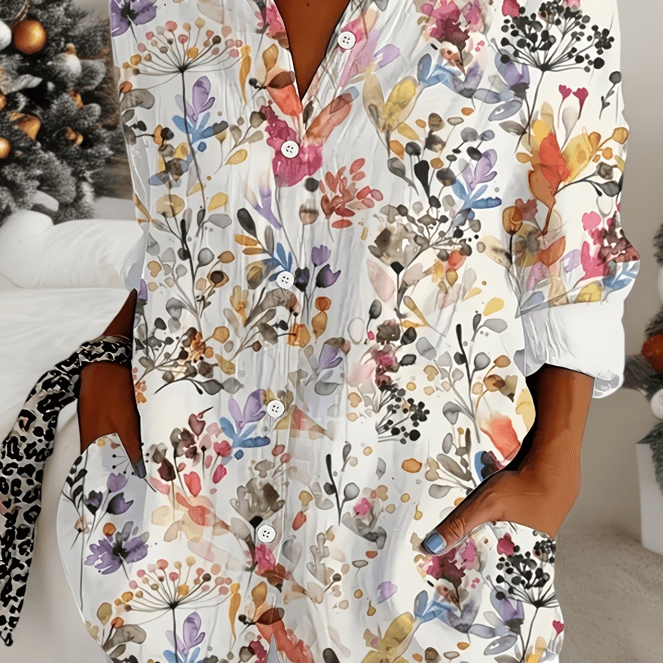 TEMU Elegant Special Edition Women's Printed Shirt - Long Sleeve Button, Classic Collar, Medium Stretch And Machine Washable, Suitable For Office, Commute, Or Formal Events, , Sophisticated Casual