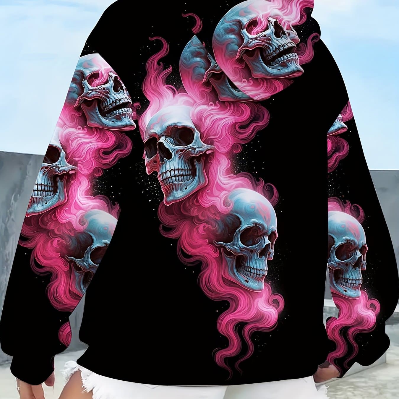 TEMU Women's Pink & Blue 3d Full-body Skull Print Hooded Sweatshirt - Winter Warm Pullover Hoodie With Pockets, Casual Long Sleeve Gothic Outfits For Ladies (machine Washable)