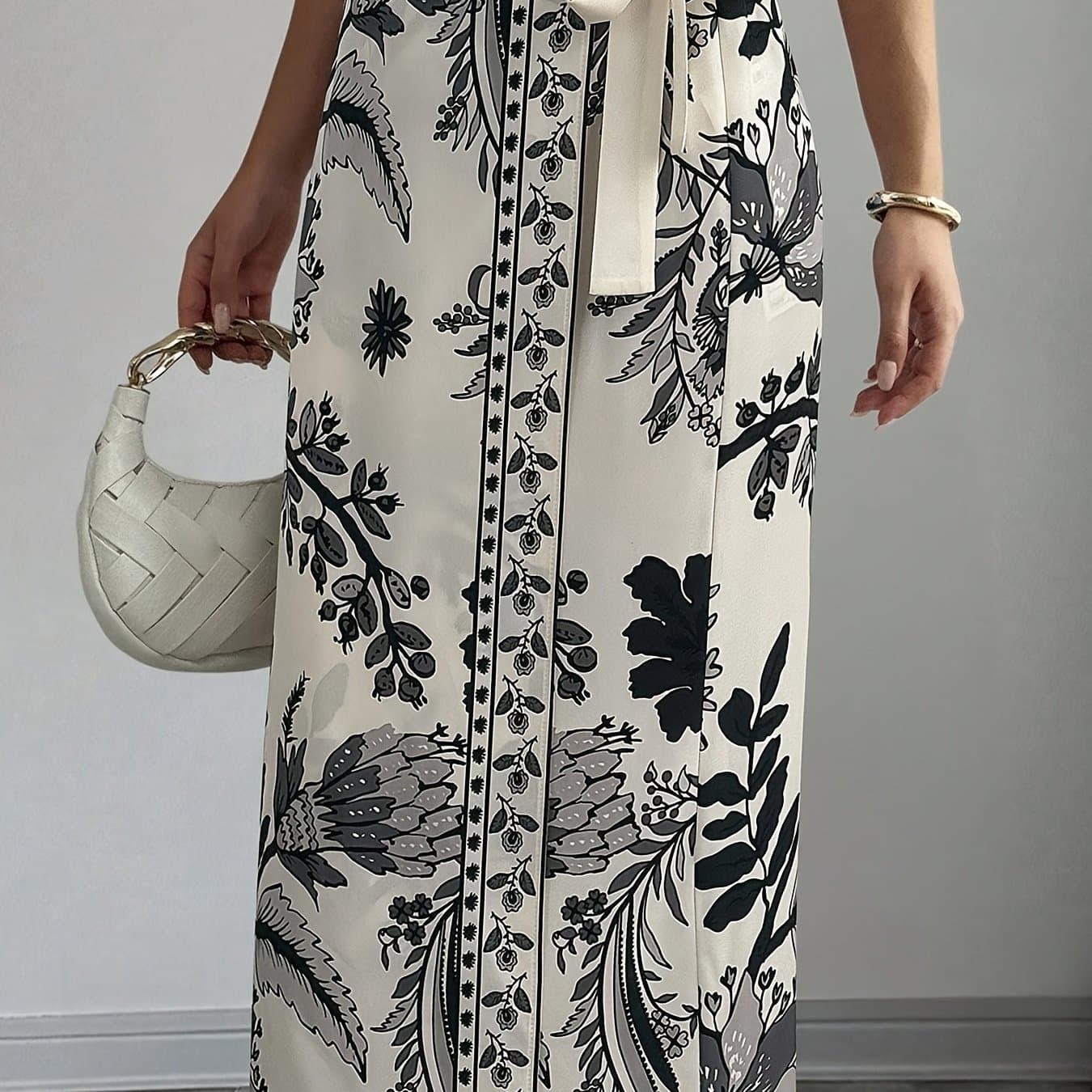 TEMU Women's Elegant Floral Print Wrap Tie Straight Skirt,