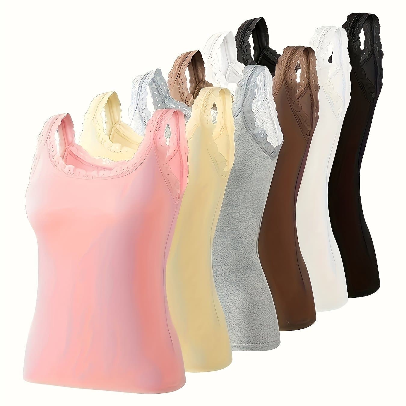 TEMU 6pcs Women Big Size Solid Color Lace Lace Decoration Round Neck Vest Collar Sleeveless Camisole Thin Tank Top