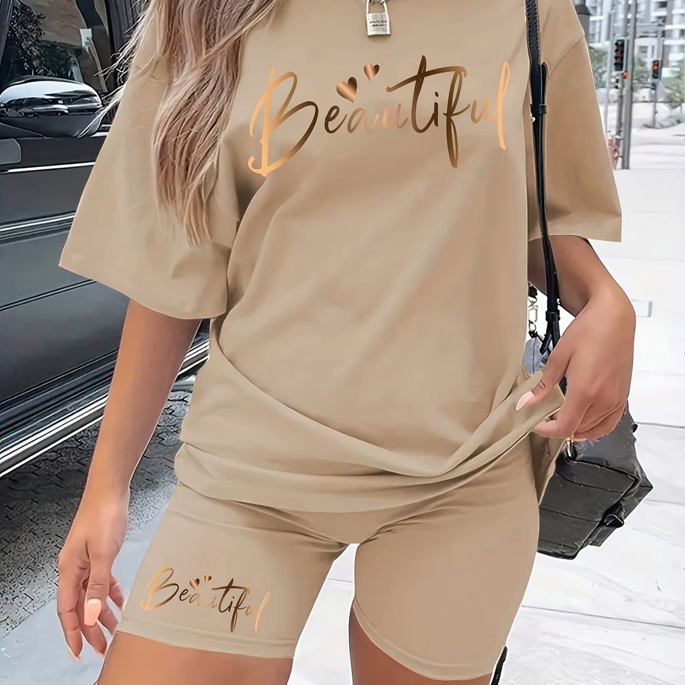 TEMU Women's Casual Letter Print Short Sleeve T-shirt And Shorts Set For Summer
