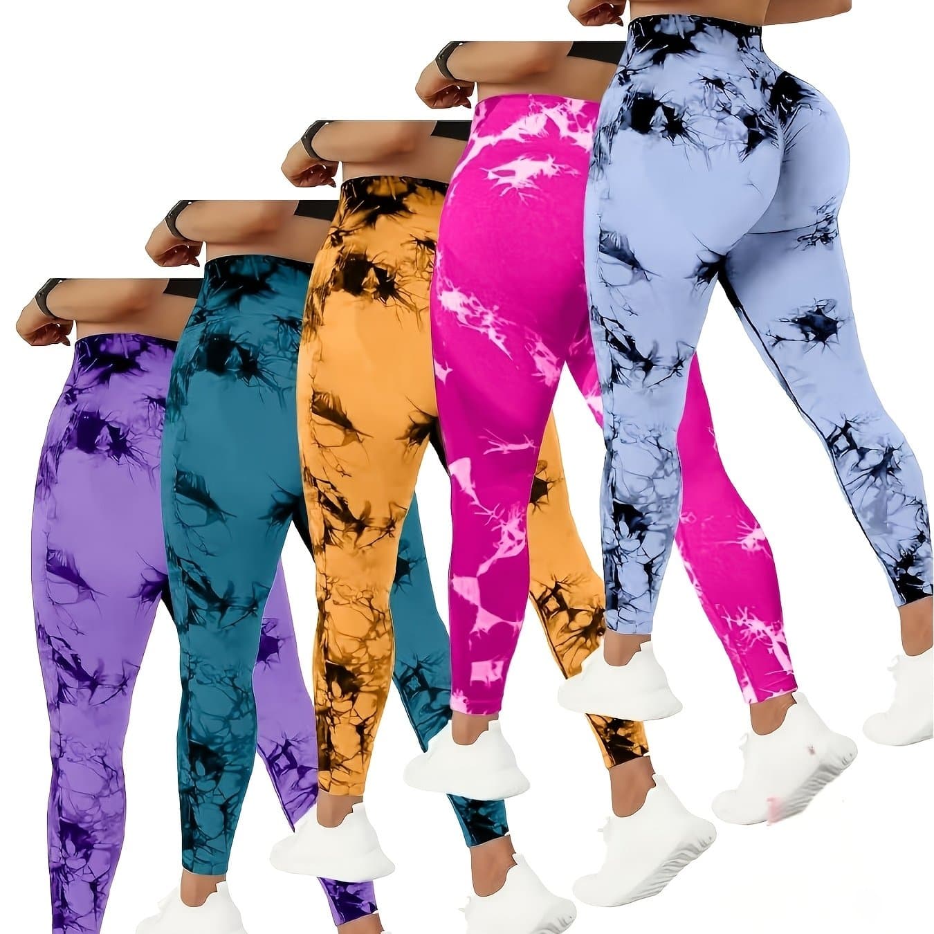 TEMU Qgu 5-pack High Waist Tummy Control Pants For Women, Summer Tie.dye Leggings, Stretchy Tights,assorted Colors