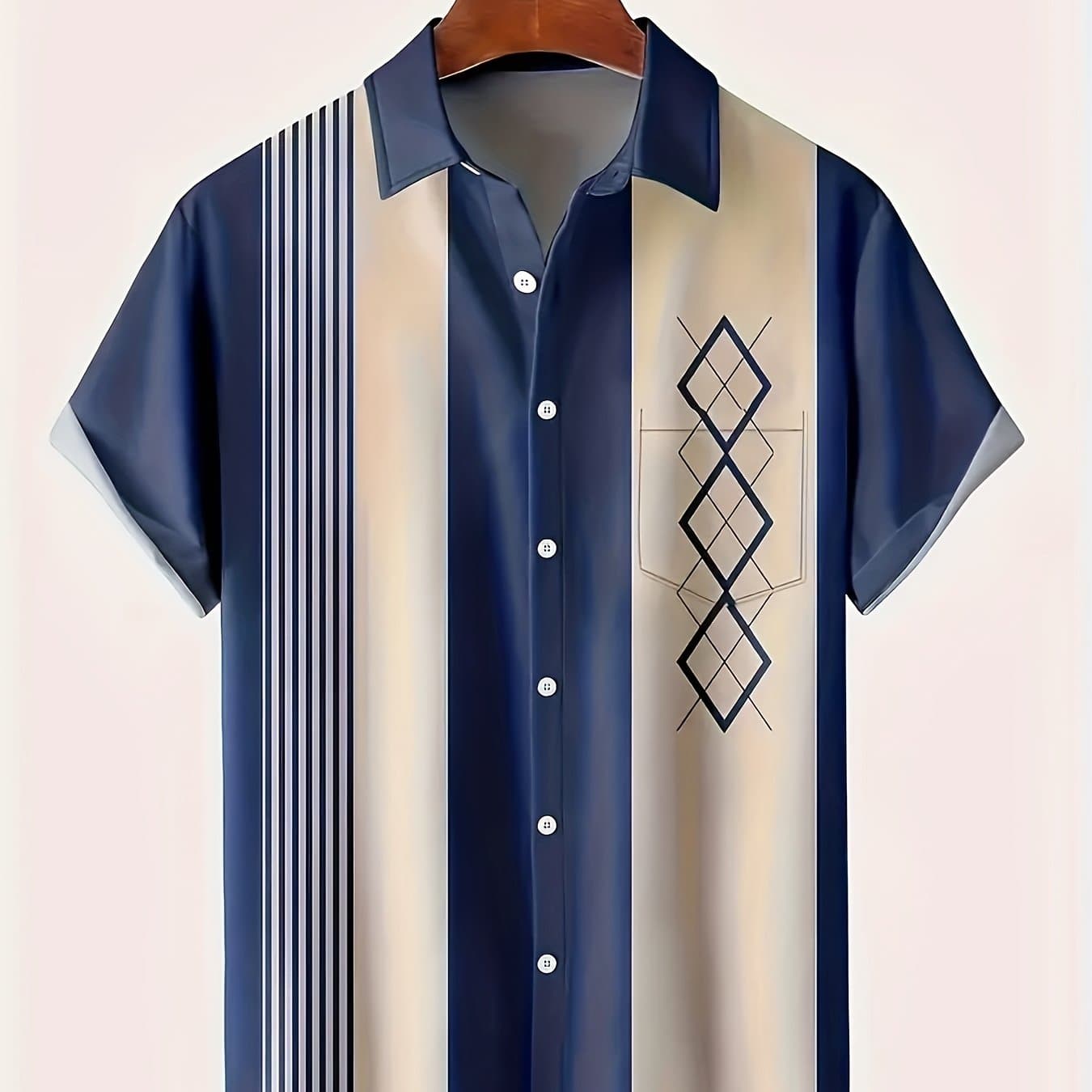 TEMU Men's Short Sleeve Graphic Shirt - Stylish Lapel Collar, Geometric Pattern Print, Lightweight Polyester Fabric, Regular Fit, Perfect For Weekend Casual, Vacation, And Outdoor Activities