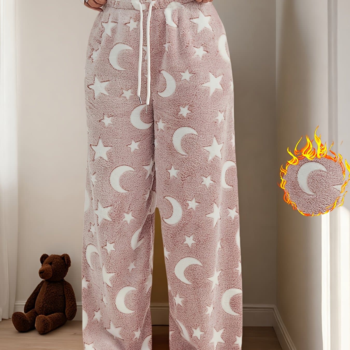 TEMU Women's Autumn- Wide Leg Velvet Pants | Comfortable Star And Heart Pattern, Drawstring Waist, Thick Velvet Lining, Long Length, Machine Washable Suitable For Fall/winter