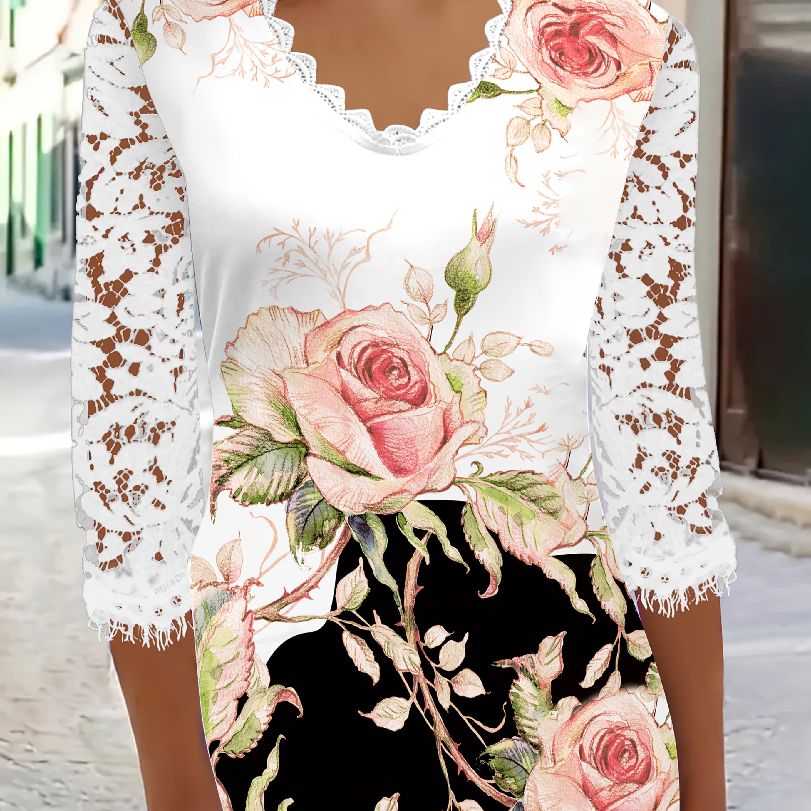 TEMU Elegant Women's Lace Panel T-shirt With Floral Print Design
