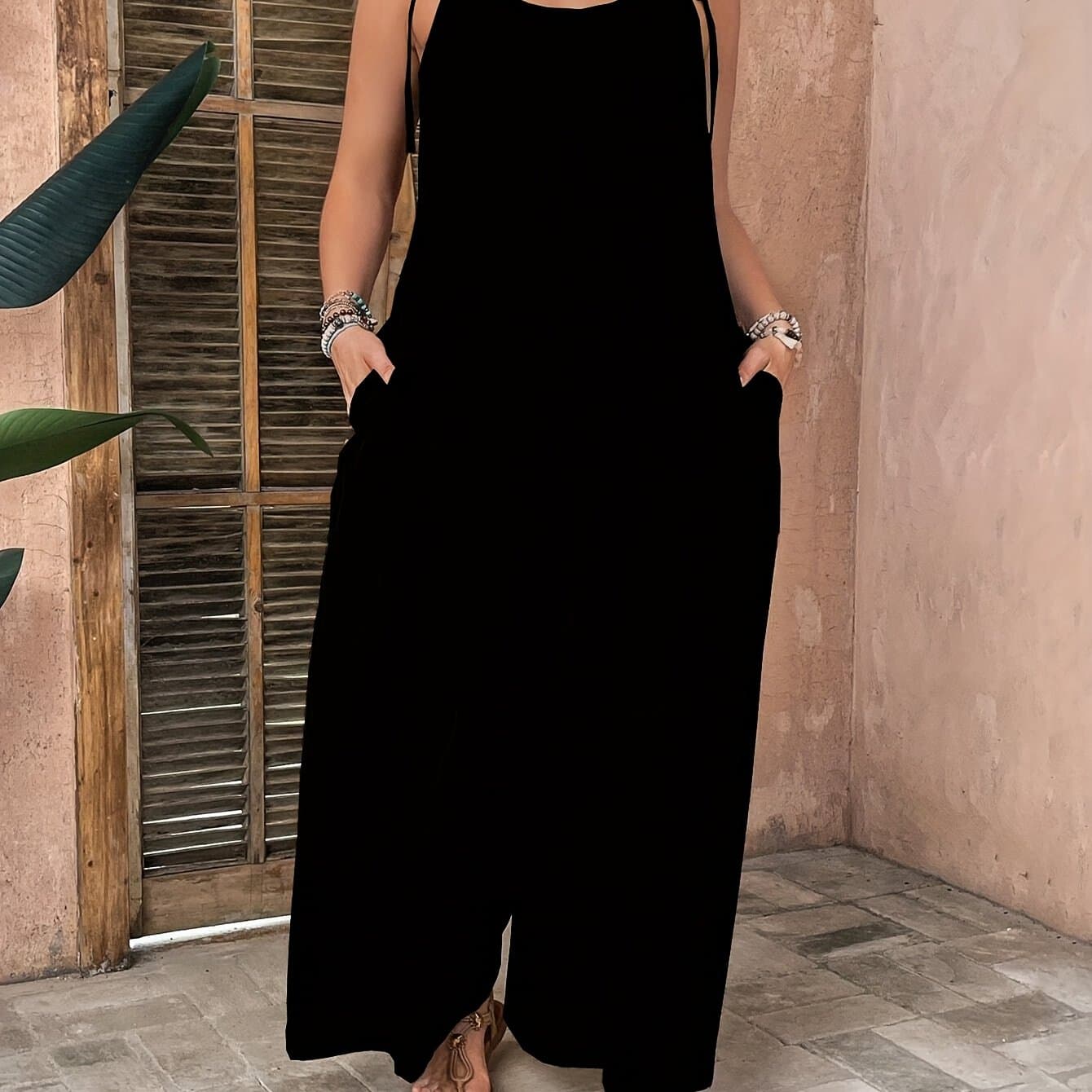 TEMU Vacation Leisure Solid Color Jumpsuit, Loose Fit, Thin Strap Tie Closure, Suitable For Spring/summer/autumn