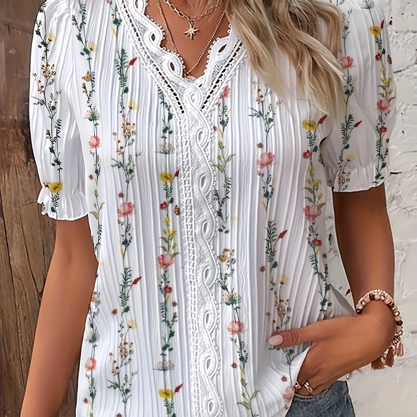 TEMU Western Women's Casual Printed V-neck Lace Short-sleeve Blouse