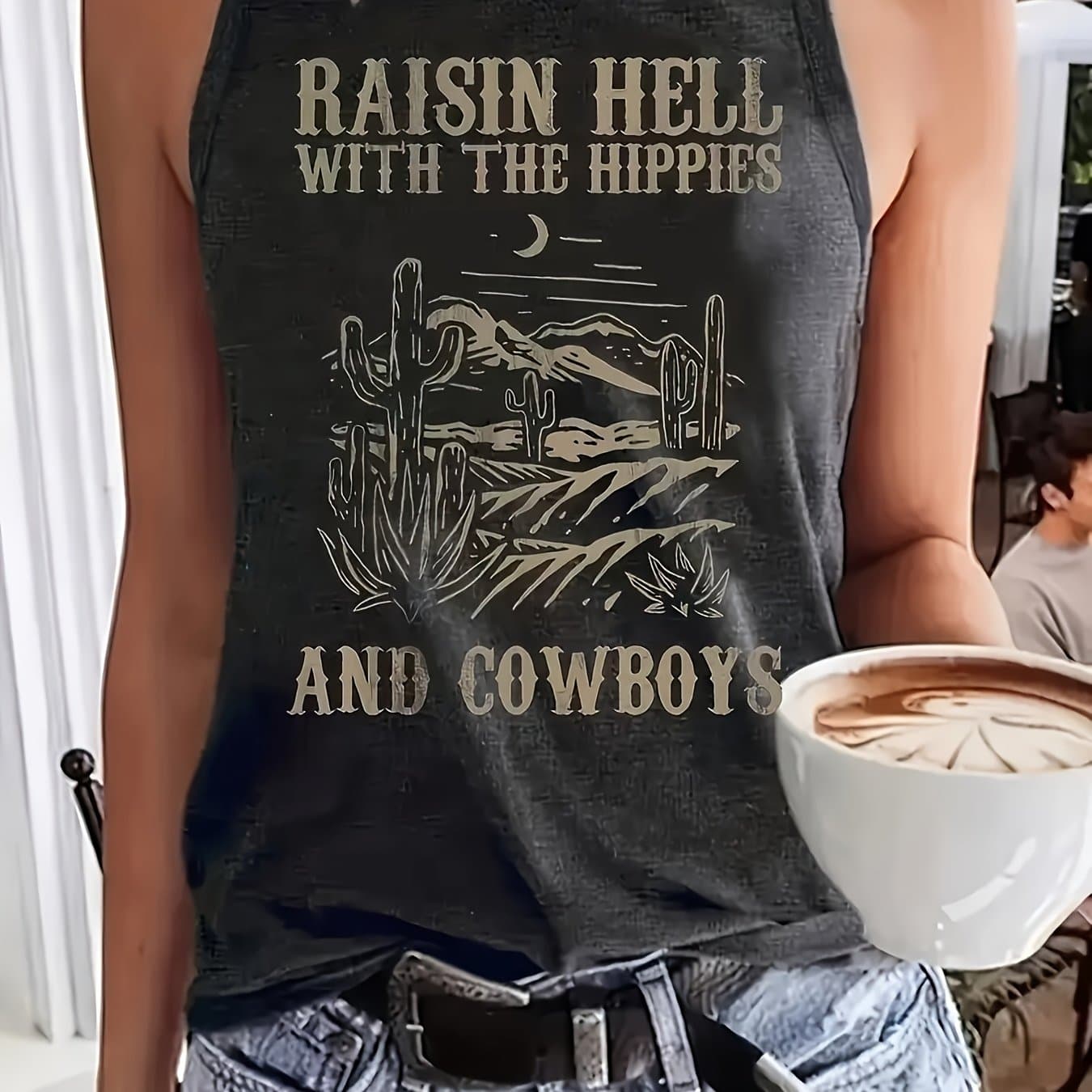 TEMU Women's Western Cowboy Print Sleeveless Tank Top - Casual Desert With , Mountains & - Soft & Comfortable For Spring/summer, Outdoor Casual Vest | Printed Top | Graphic Sleeveless Top