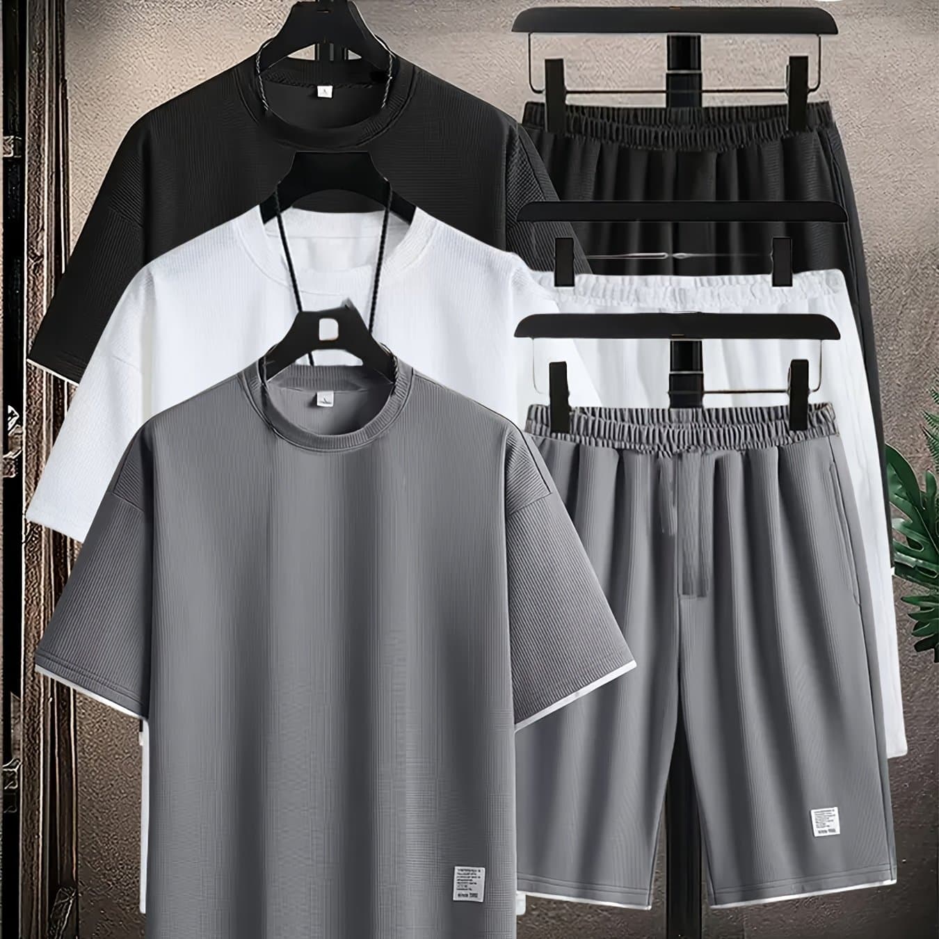 TEMU 6pcs Waffle Knit Men's Loungewear Set: Soft And Comfortable Short-sleeve Top + Shorts Pajama Set, Short Sleepwear Combo With Elastic Waist, Suitable For Wearing Outdoors