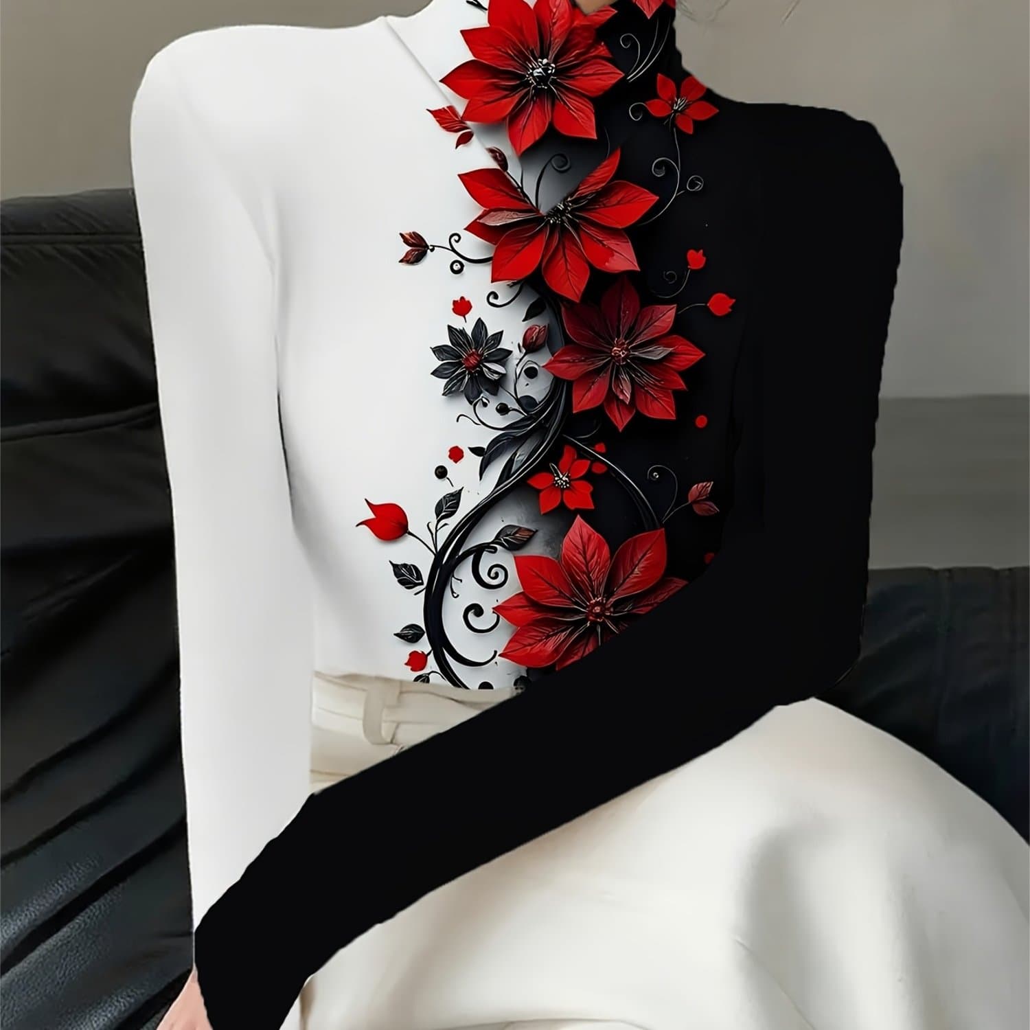 TEMU Ladies' Chinese-style High-neck Long-sleeved T-shirt - Slim H-shaped Silhouette, Black/ Red Floral Prints, Elegant And Comfortable, Machine Washable, Suitable For Autumn And Winter