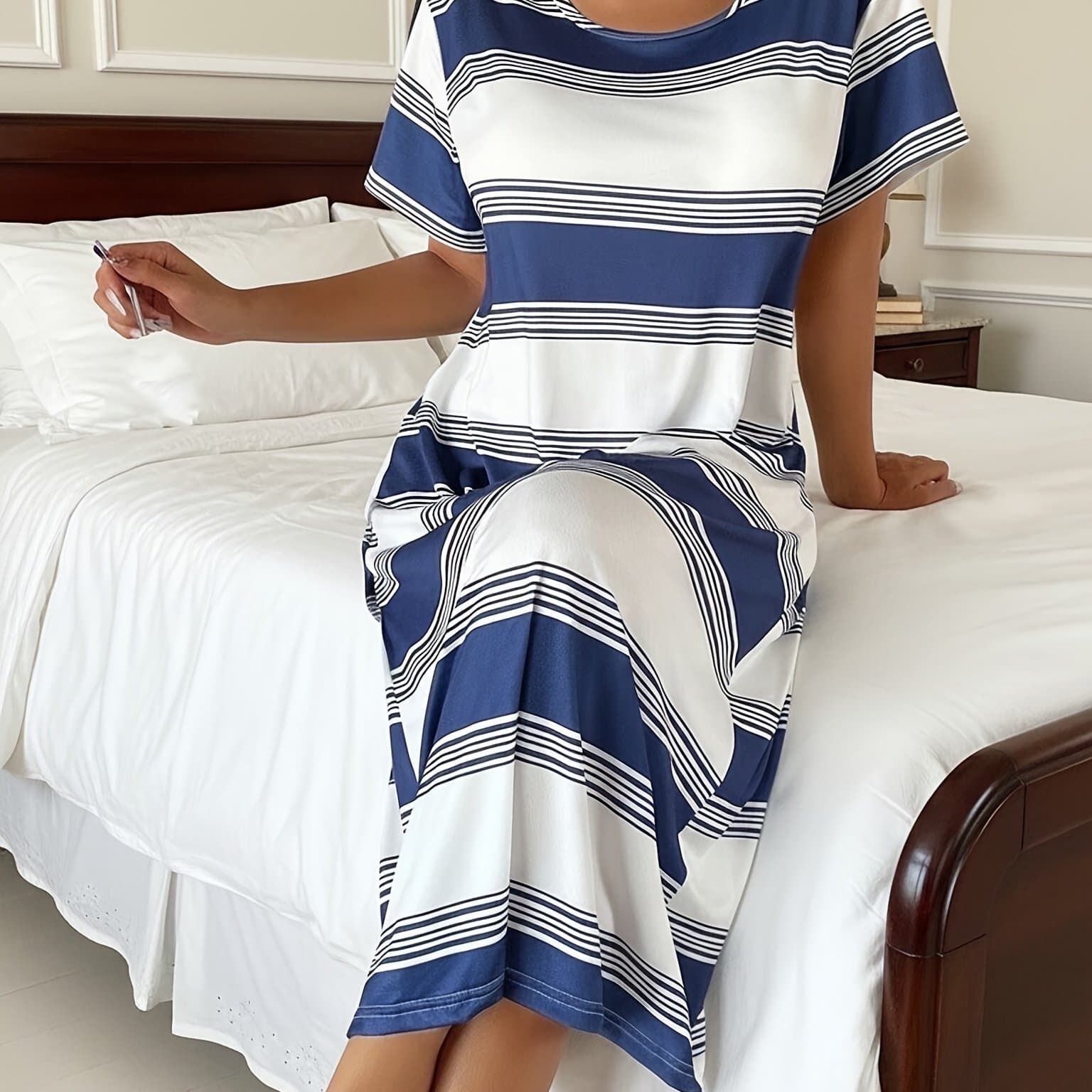 TEMU Ladies' Casual Blue And White Striped Printed Loose Long T-shirt Night Dress | Crew Neck, All , Suitable For Adults