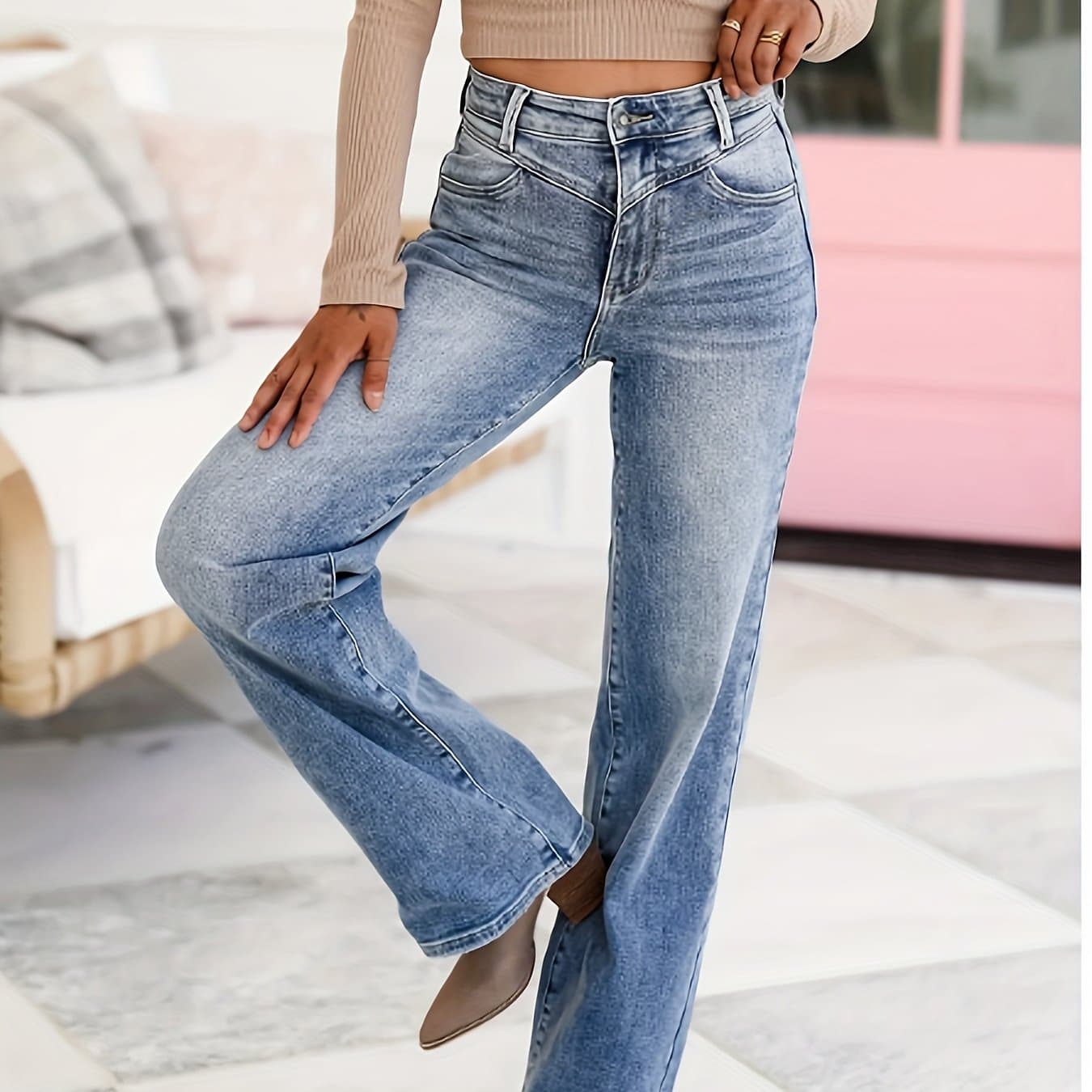 TEMU Large Size Women's Straight-leg Jeans, Elastic And Comfortable, High-quality Material, Unique Gradient Dyeing, Suitable For Elegant Style And In All