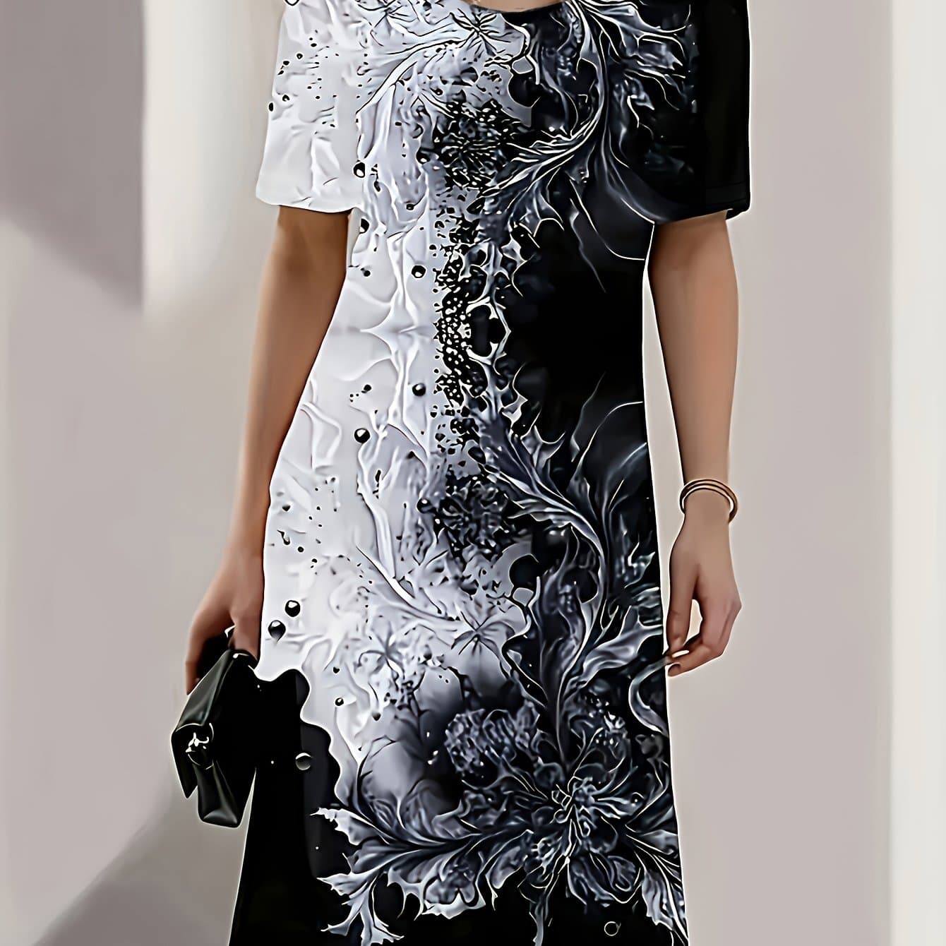 TEMU Floral Print Round Neck Midi Dress, Casual Short Sleeve Spring/summer Dress, Women's Clothing