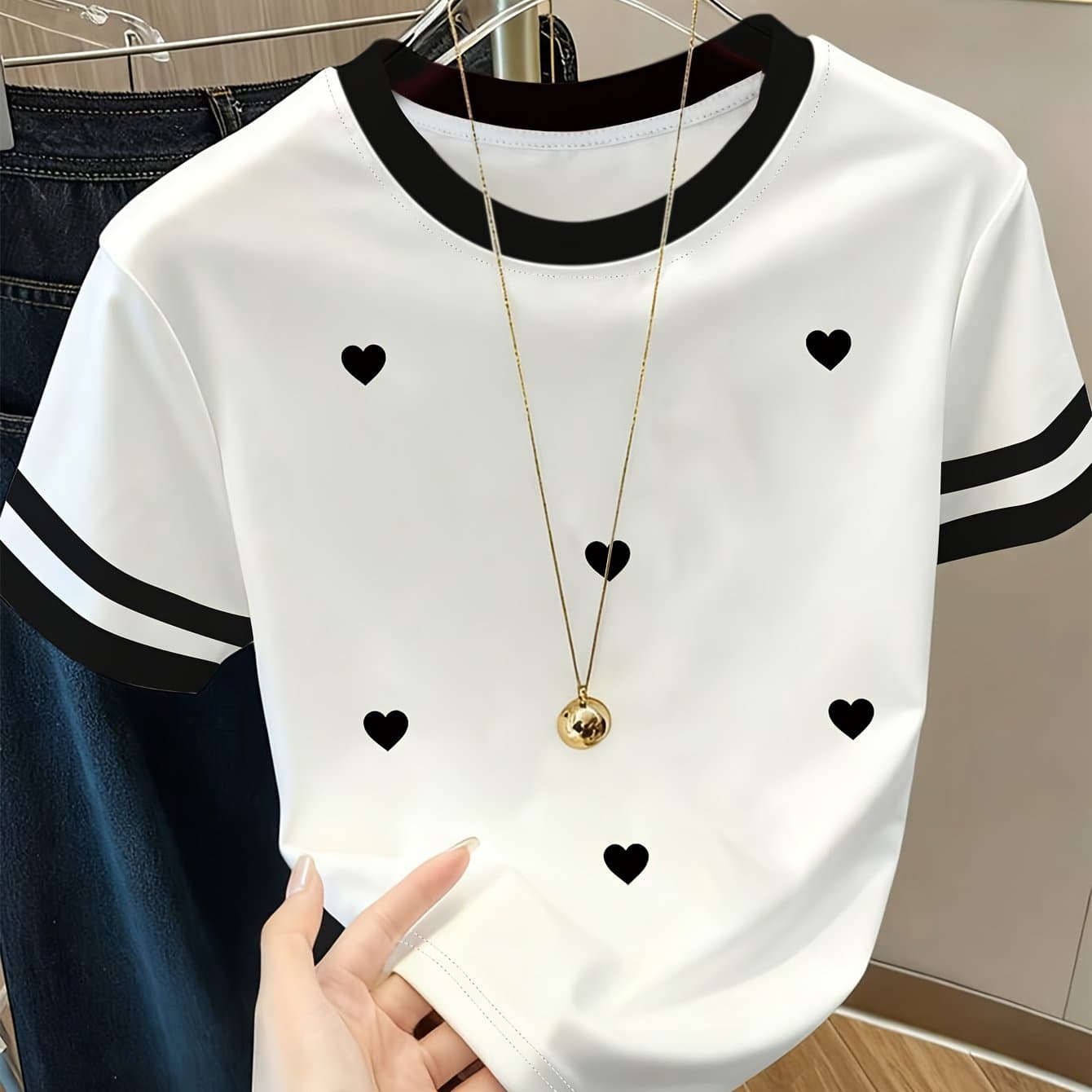 TEMU Women's Y2k Fashion Splicing Color Contrasting T-shirt | Love Print, Casual Easy Elegant Style, Regular Fit, Crew Neck, Suitable For Daily And Holiday Wear, Slight Stretch Fabric