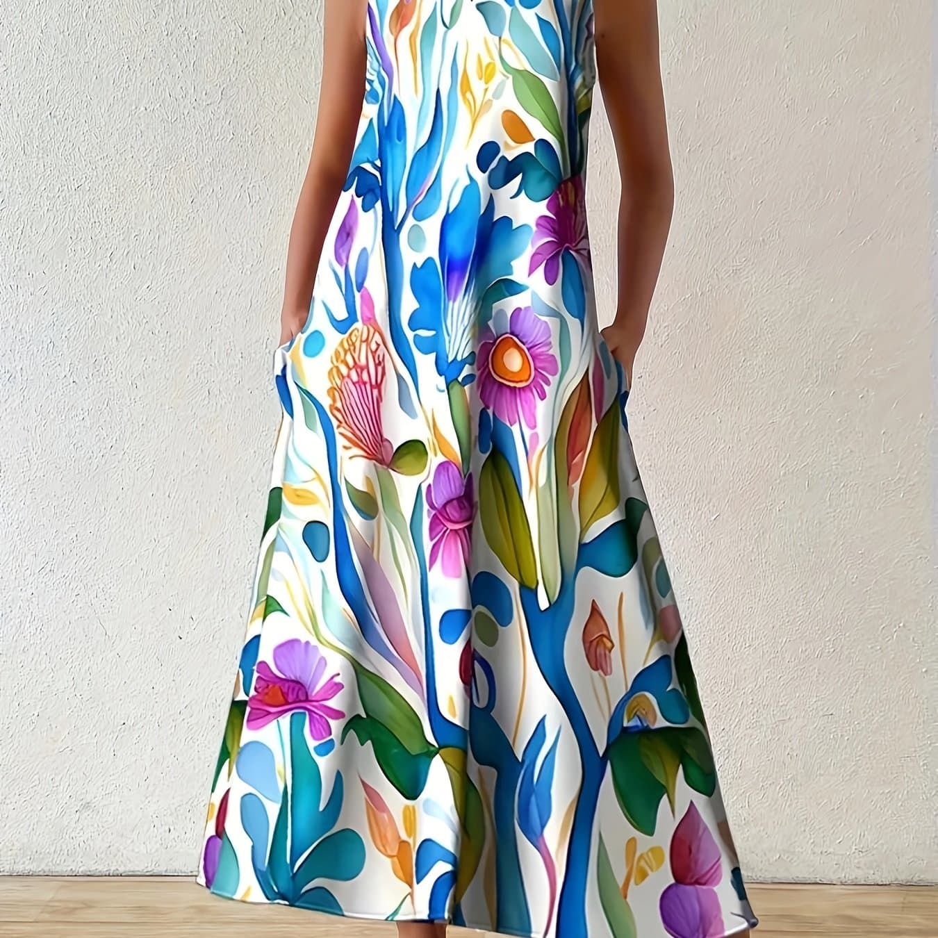 TEMU Casual And Fashionable Floral Print Round Neck Dress, Casual Sleeveless Dress With Pockets, Suitable For Casual Vacation Spring And Summer Women's Clothing