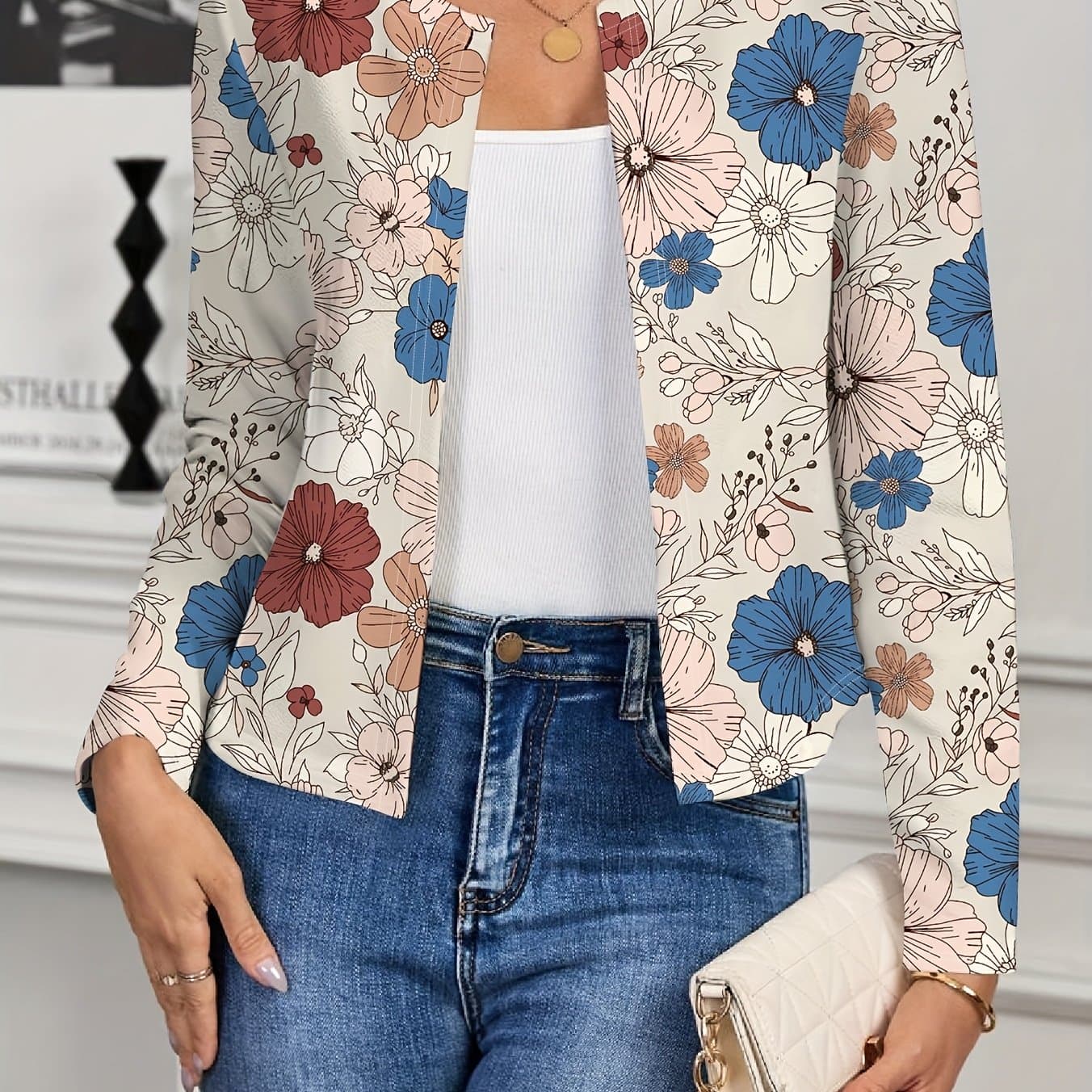 TEMU Women's Casual Floral Pattern Loose Jacket, Suitable For Autumn/winter, Women's Blazer, Women's Cardigan, Women's Lightweight Floral Print Cardigan Coat - Elegant Pattern, , H-
