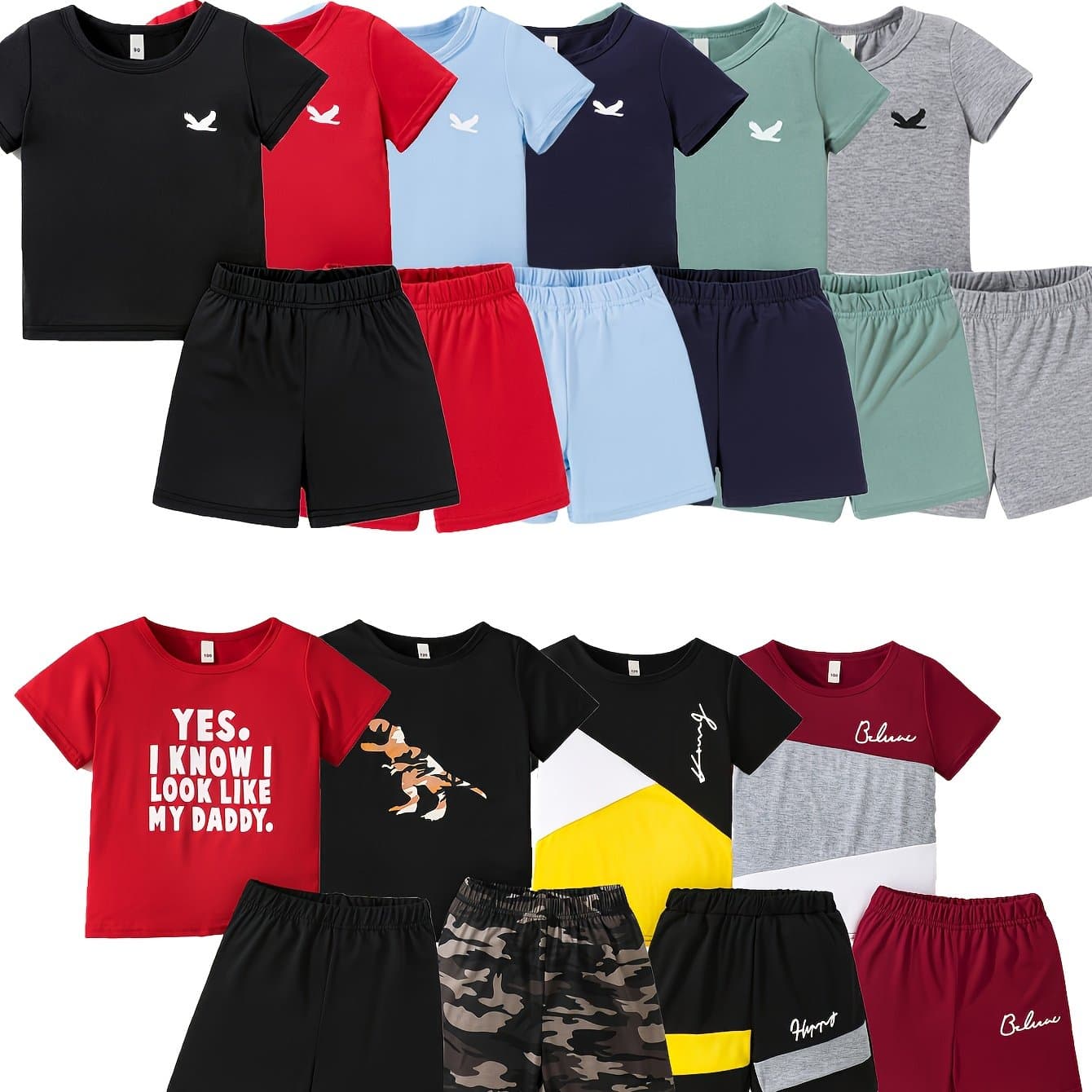 TEMU 20 Sets Of Boys' Casual Fashion Suits, Including 10 Tops And 10 Shorts, New Multi-piece Summer Collection, For Outdoor
