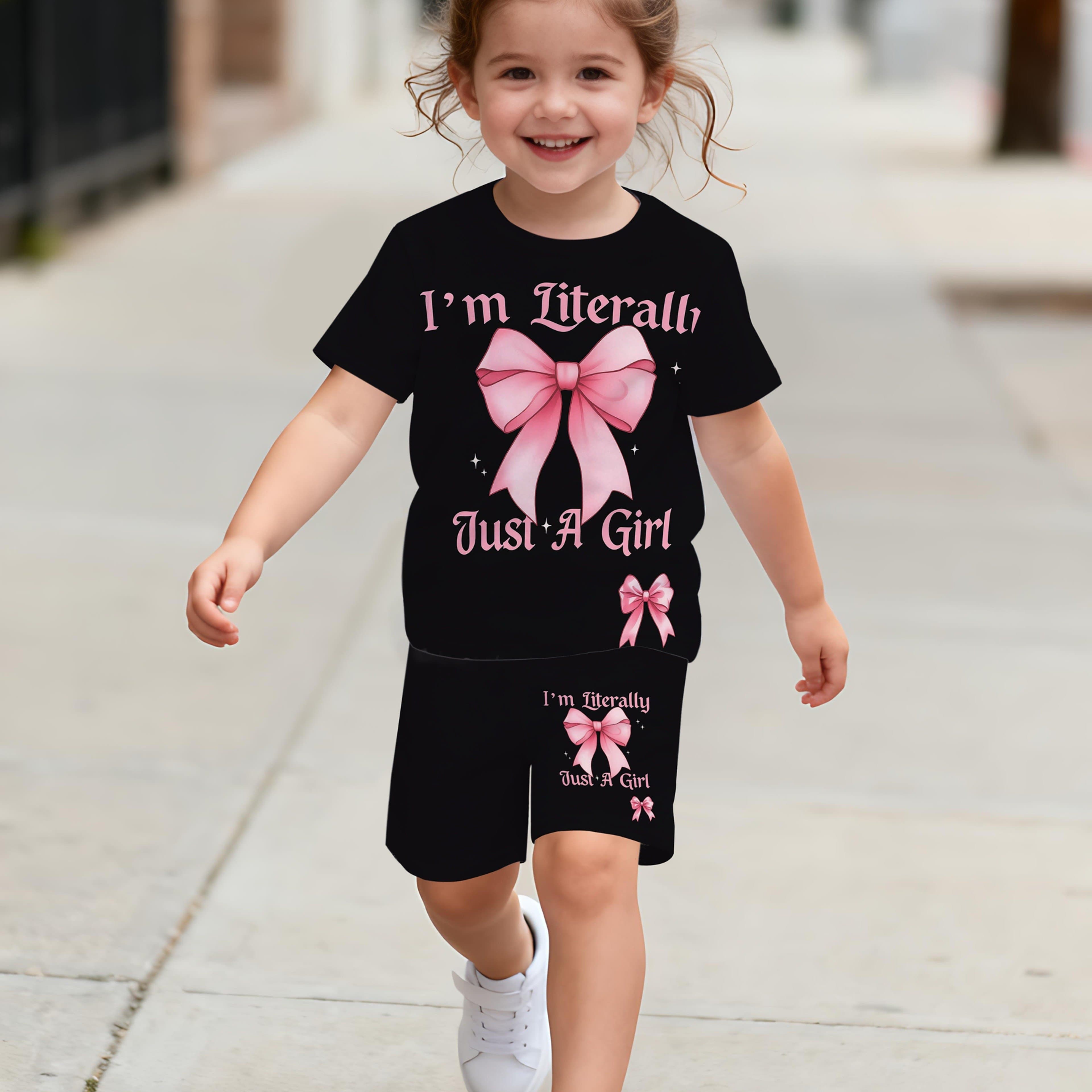 TEMU Bow 3d Printing Summer Fashion Trend Casual Short Sleeve Top And Shorts Two-piece Set Girls' Outdoor Wear, For Outdoor