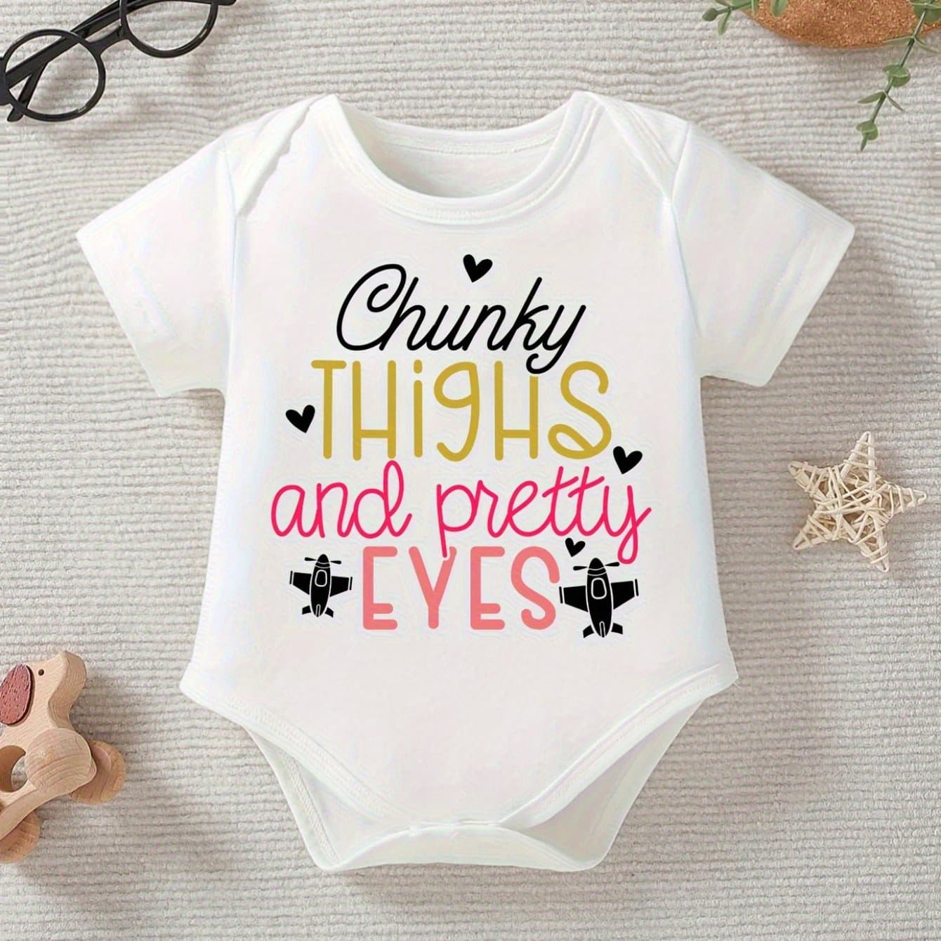 TEMU Chunky Thighs & " Baby Girl Cotton Romper - Soft White Romper With Colorful Heart & , Perfect For Family , Photoshoots, And Casual Wear, Perfect For Outdoor