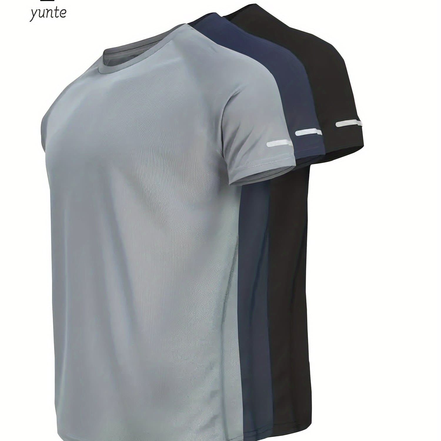 TEMU 3pcs Gray-navy-black Casual Sport Print Reflective Stripe T-shirts, Breathable Quick-dry Short Sleeve Round Neck Tops, Running Shirts, Moisture-wicking T-shirts, Gym Workout Short Sleeve Shirts