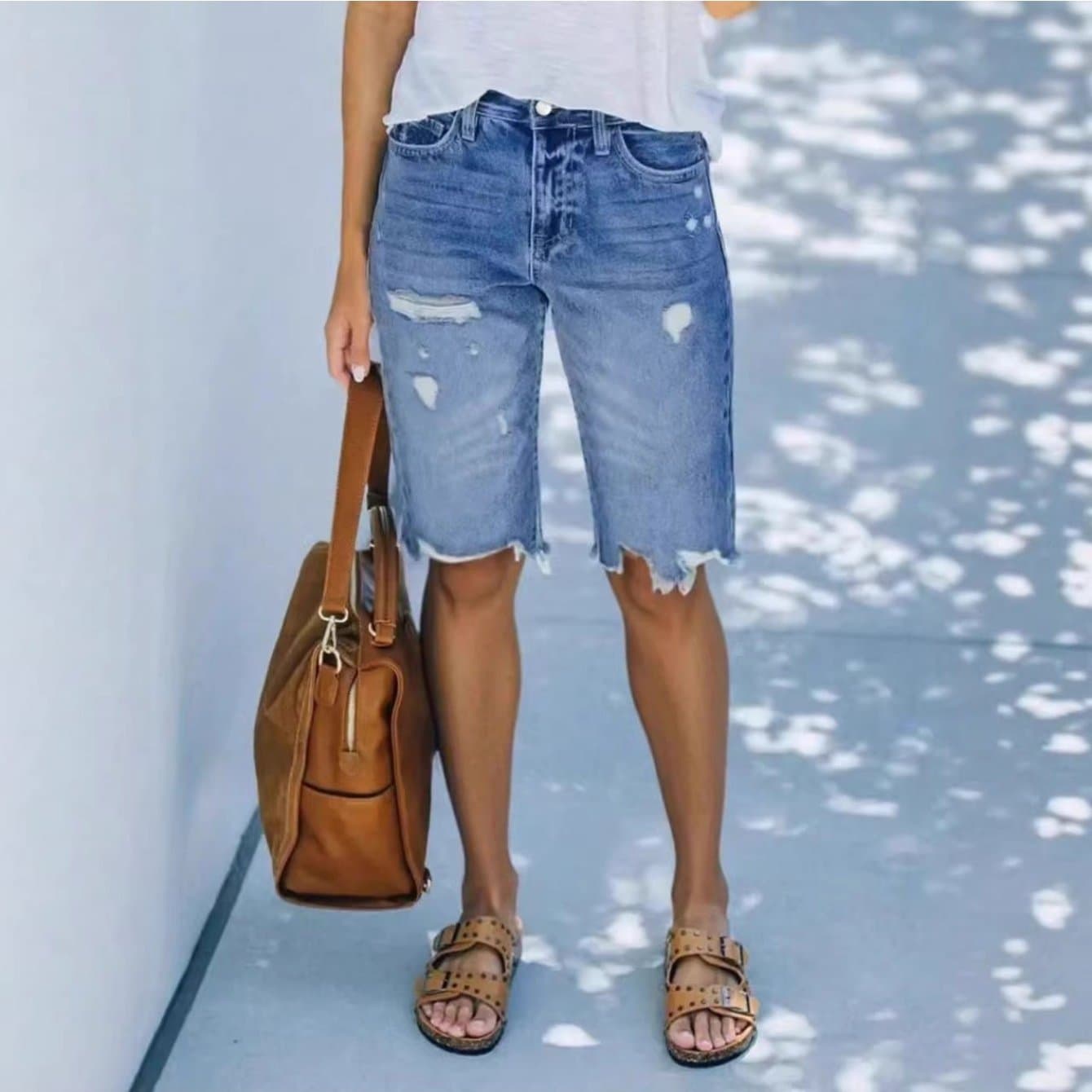 TEMU New Womens Distressed Ripped Denim Shorts Mid Length High Waist Slim Vintage Versatile Casual Shorts