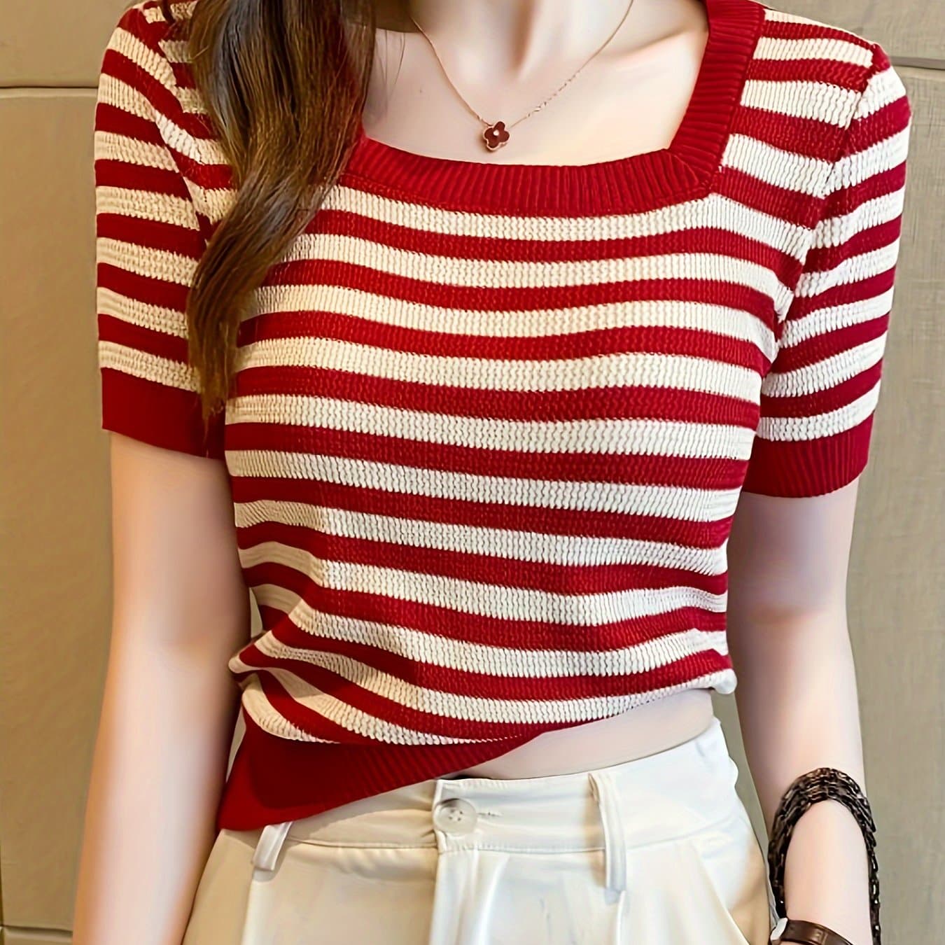 TEMU Striped Pattern Square Neck Knitted Top, Casual Short Sleeve Top For , Women's Clothing