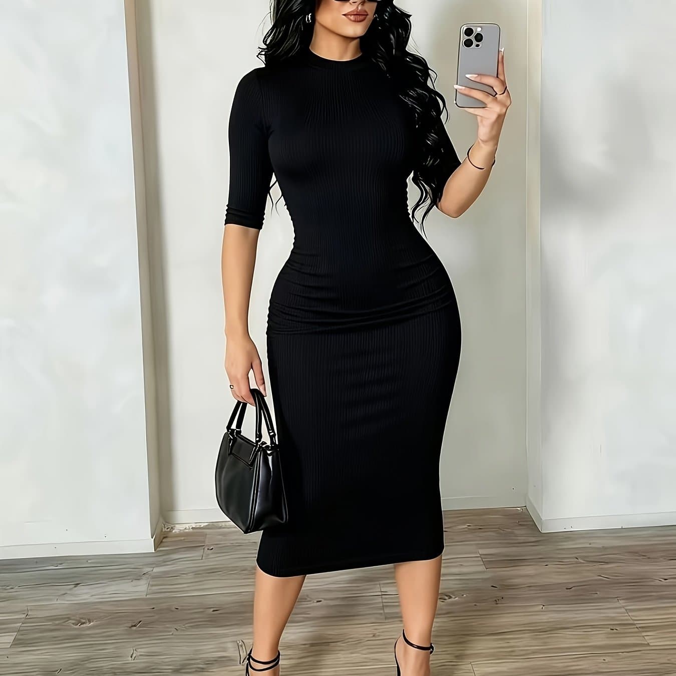 TEMU An Elegant Waist-defining Dress For Women, Featuring A Round Neckline And Five-point Sleeves, With At The Waist. As A Base Layer, Suitable For All , And Is Versatile For Work And Social