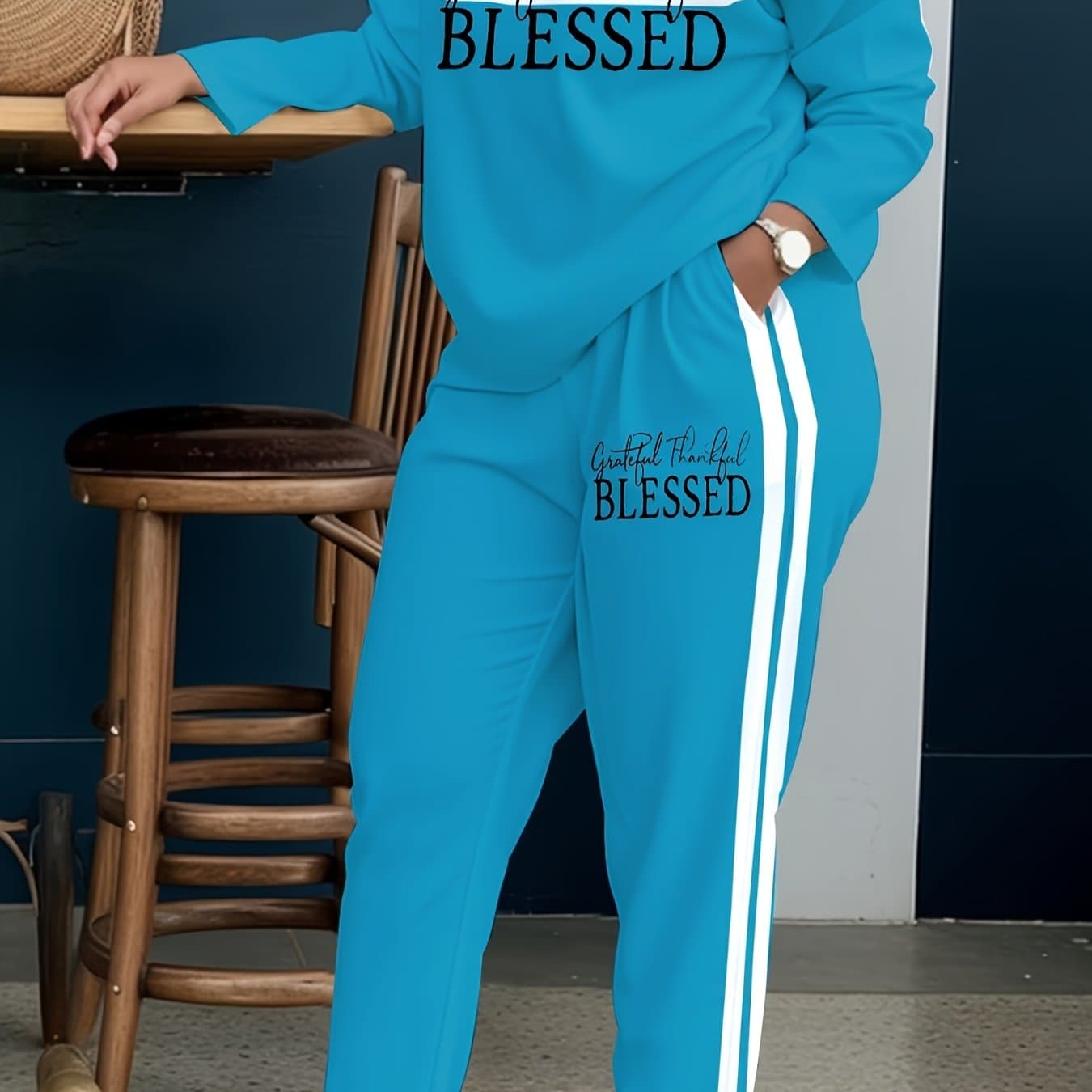 TEMU Ladies' Casual Two-piece Set, Striped Printed Trousers With Pockets For Thanksgiving