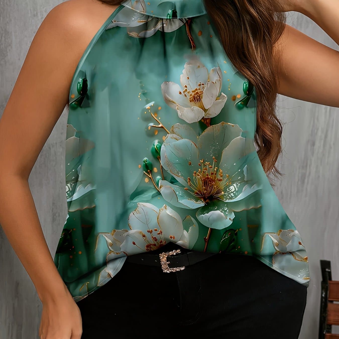 TEMU Plus Size - Plus Size - Plus Size Women's Blouse, Women's Shirt Top, Summer Elegant Floral Print High Neck Sleeveless Ladies Blouse
