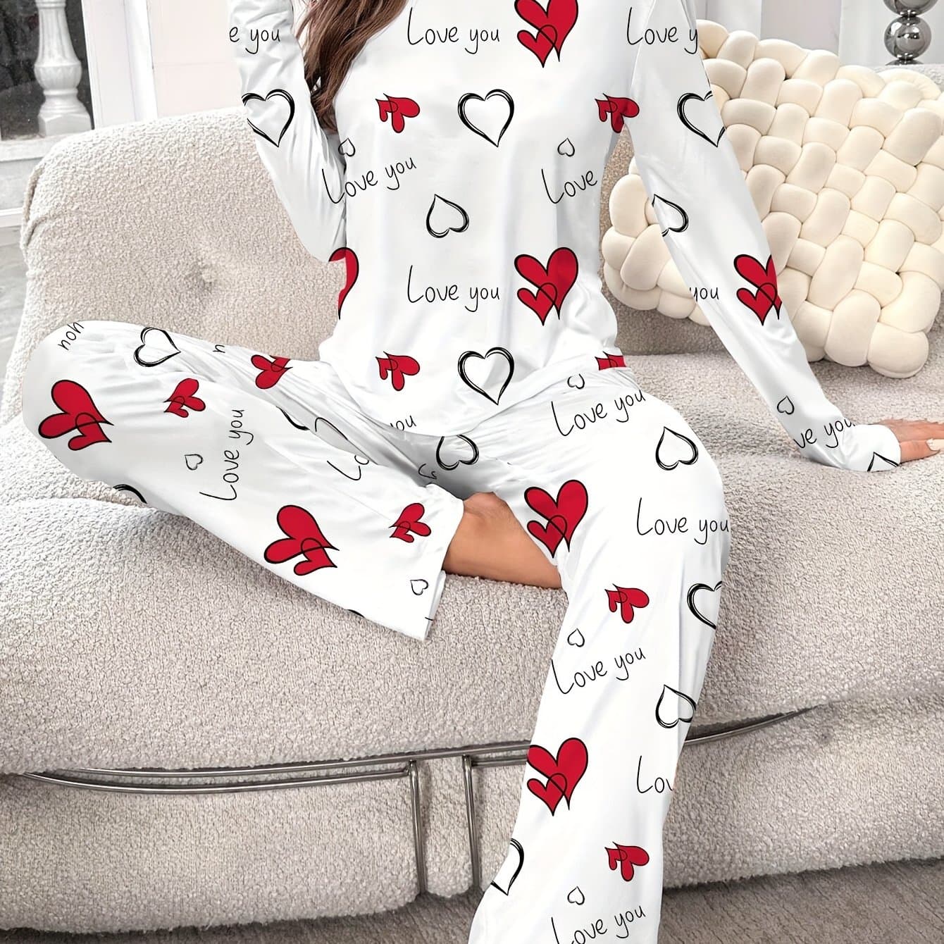 TEMU Women's Long Sleeve And Pants Pajama Set, Red Heart English Full Print