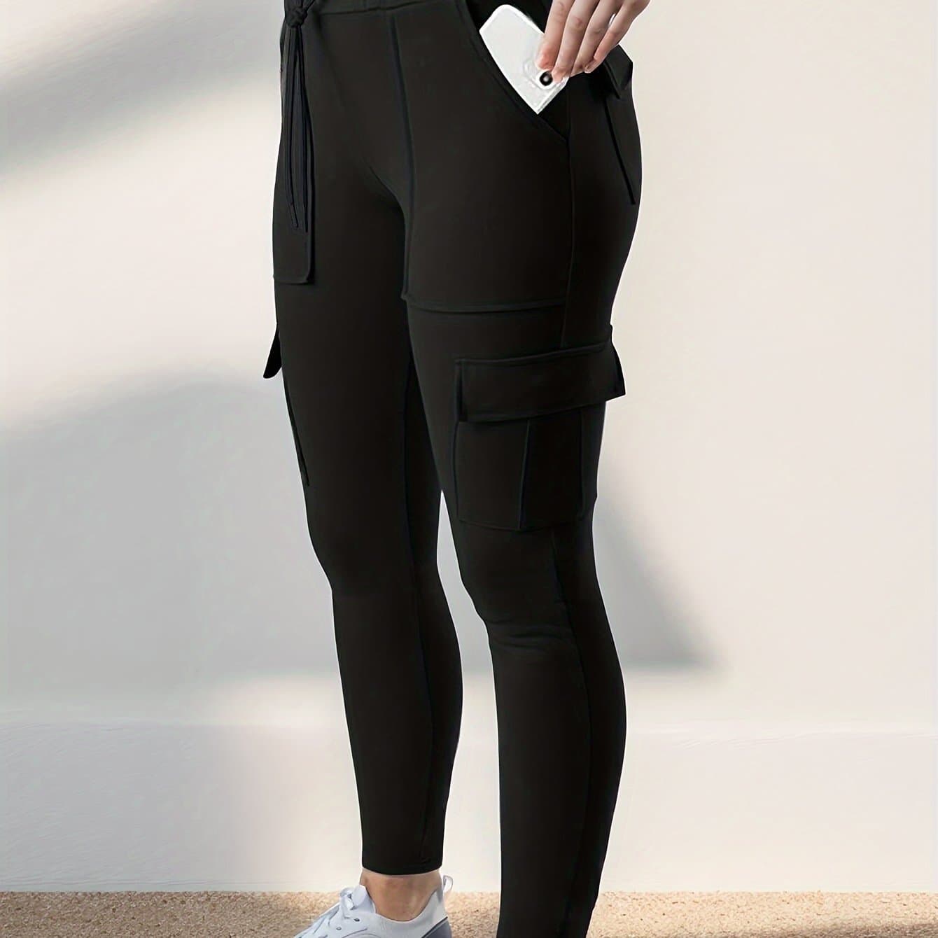 TEMU Fashionable Casual Black Stretchy Women's Leggings With Large Pockets And Drawstring For Cycling And In Solid Color