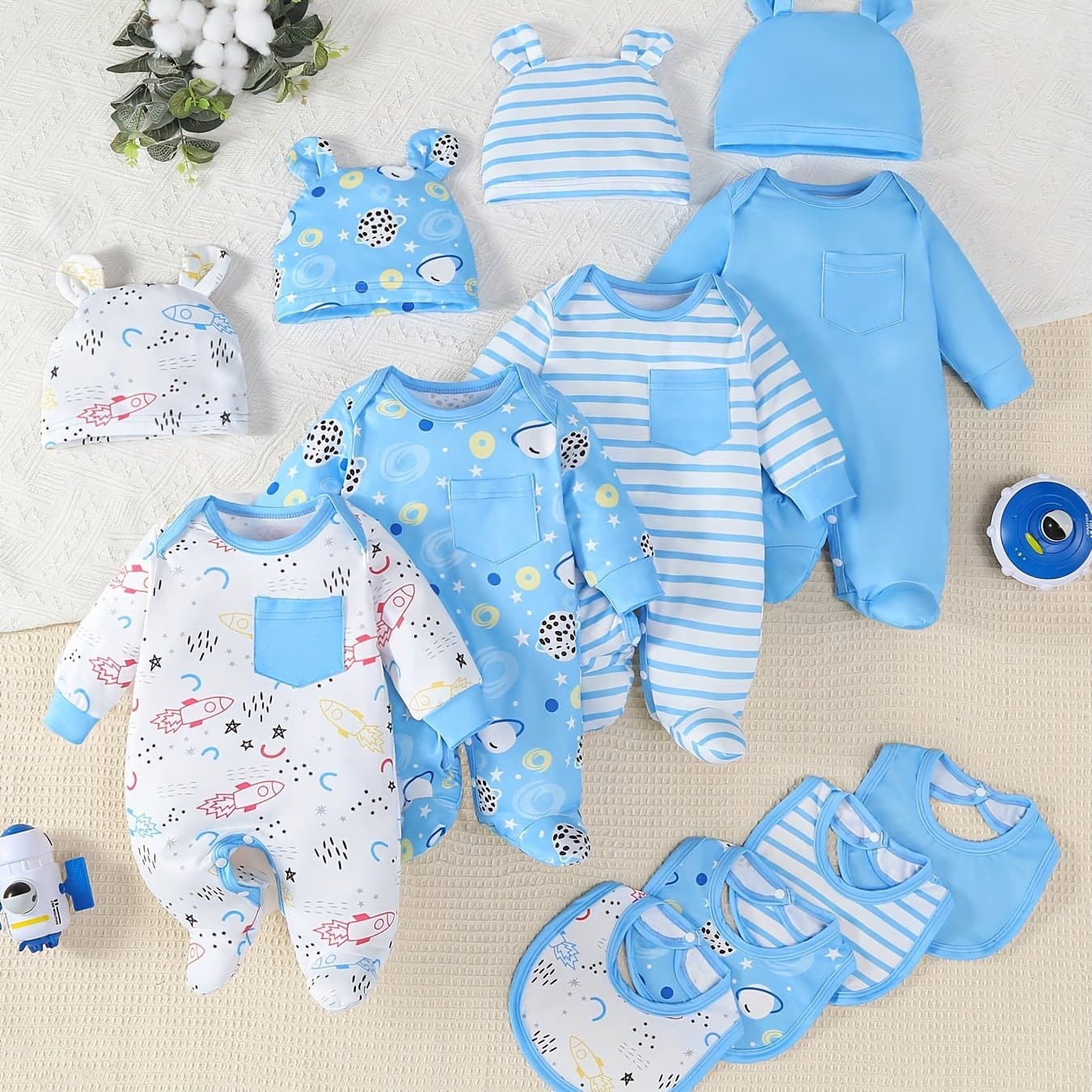 TEMU 12pcs '-themed Baby Clothes: 12pcs Outfit With Bodysuits, Ear Hats & Bibs - Rocket & Planet Prints, Onesies, Machine Washable For () - Complete Space Collection, Perfect For Outdoor