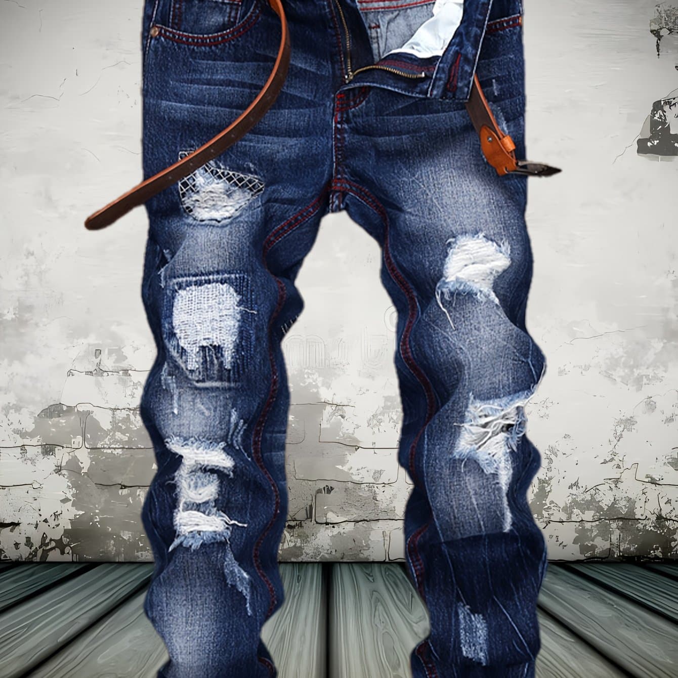 TEMU Street Washed Holes In Men's Jeans Trend Blue Motorcycle Casual Straight Pants