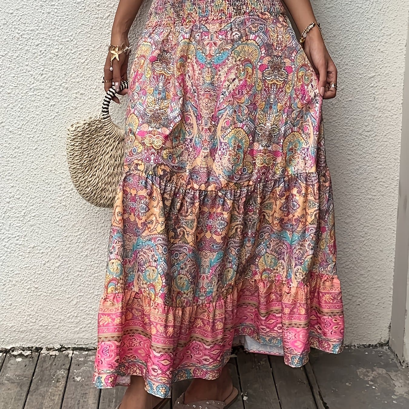 TEMU Paisley Print Bohemian Maxi Dress With Tiered Ruffle Hem And Belt, Elegant Women's Summer Casual/beach Dress
