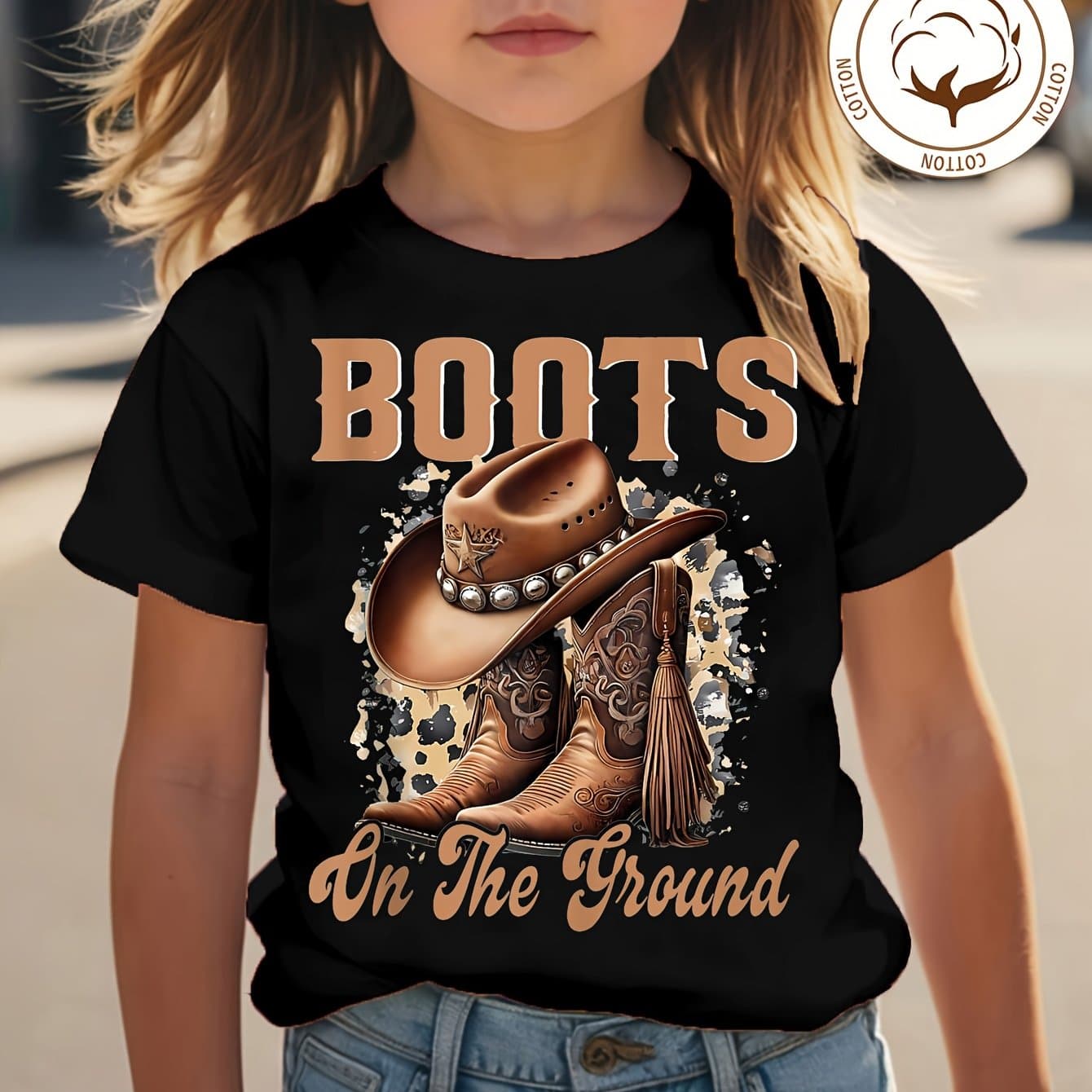 TEMU 's 100% Cotton "boots On " Alphabet Cartoon Cowboy Hat And Boots Print T-shirt Comfortable And Casual Round Neckshort Sleeved Shirt For Suitable For Boys And Girls